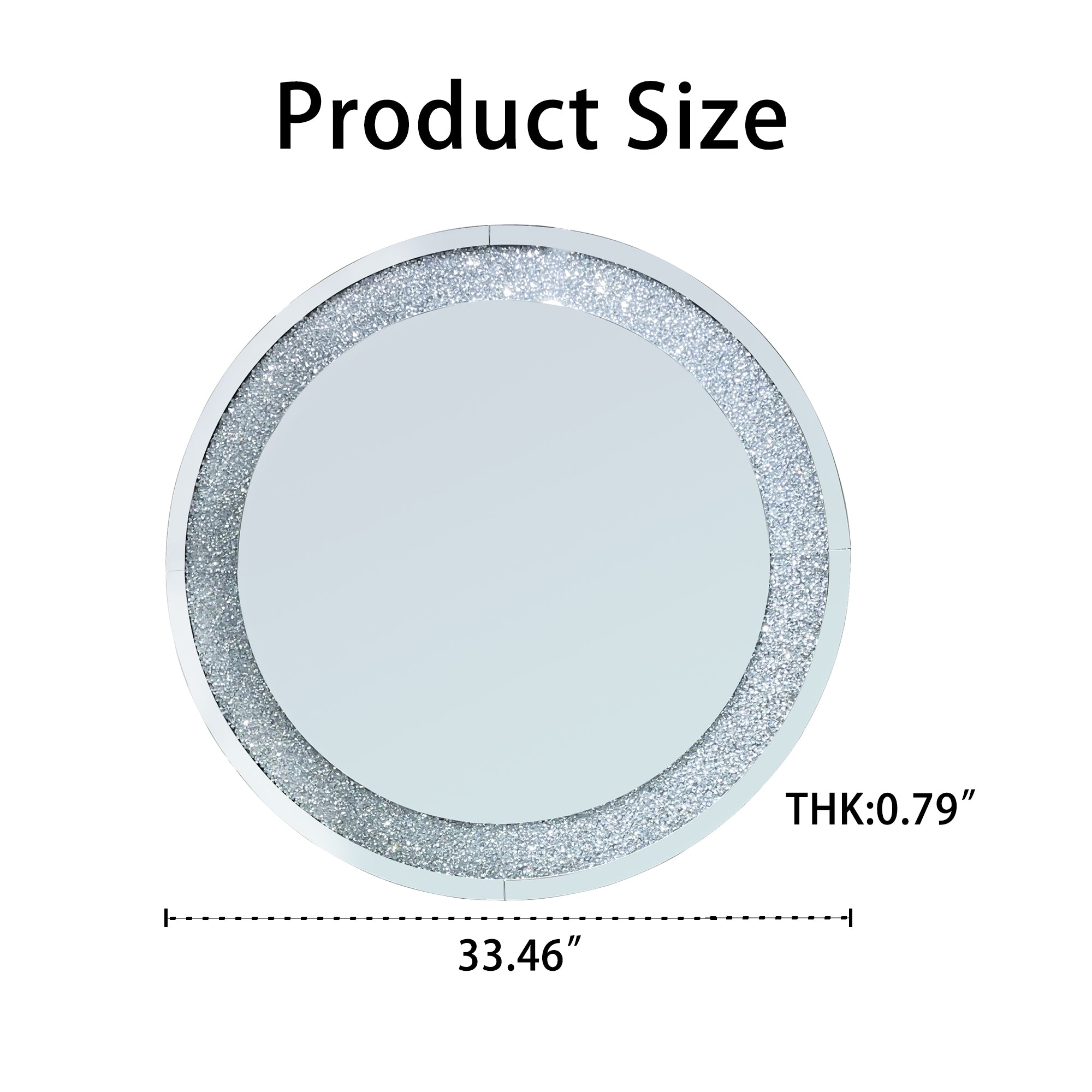 33.46 in. Crushed Crystal Round Wall Mirror, Frameless Beveled Mirror Strip Decorative Accent Mirror with MDF Backing