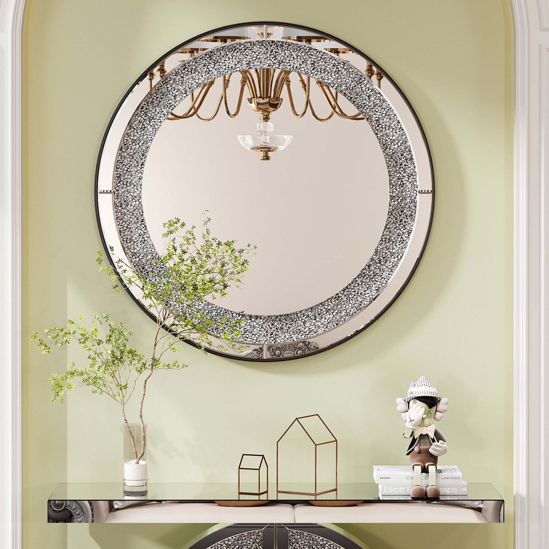33.46 in. Crushed Crystal Round Wall Mirror, Frameless Beveled Mirror Strip Decorative Accent Mirror with MDF Backing