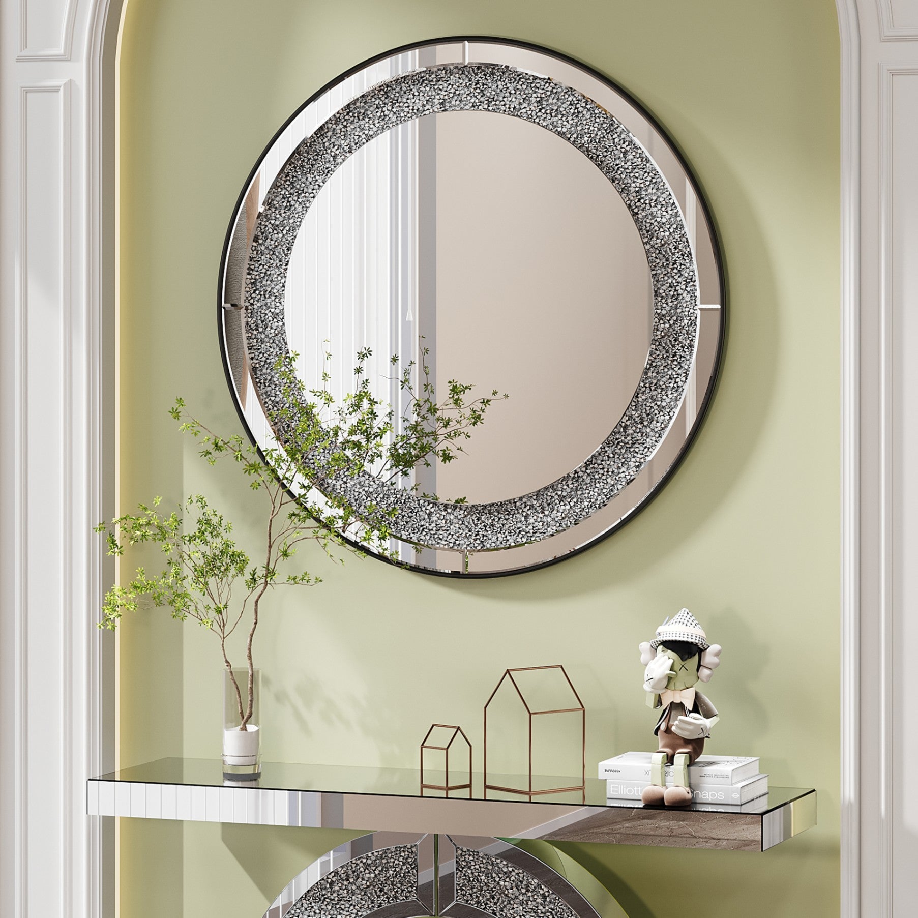 33.46 in. Crushed Crystal Round Wall Mirror, Frameless Beveled Mirror Strip Decorative Accent Mirror with MDF Backing