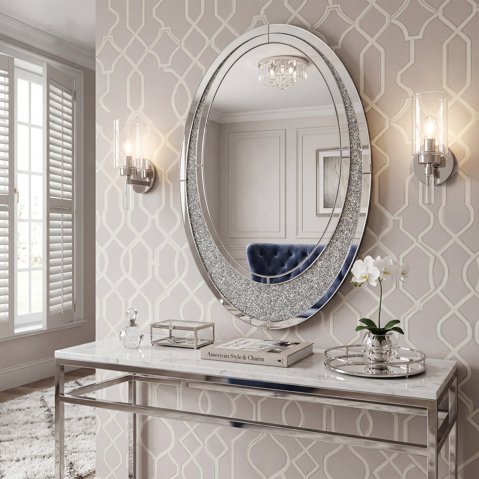 23.62 in. x 35.43 in. Silver Oval Crushed Diamond Wall Mirror, Frameless Crystal Accent Mirror with MDF Backing, Horizontal or Vertical