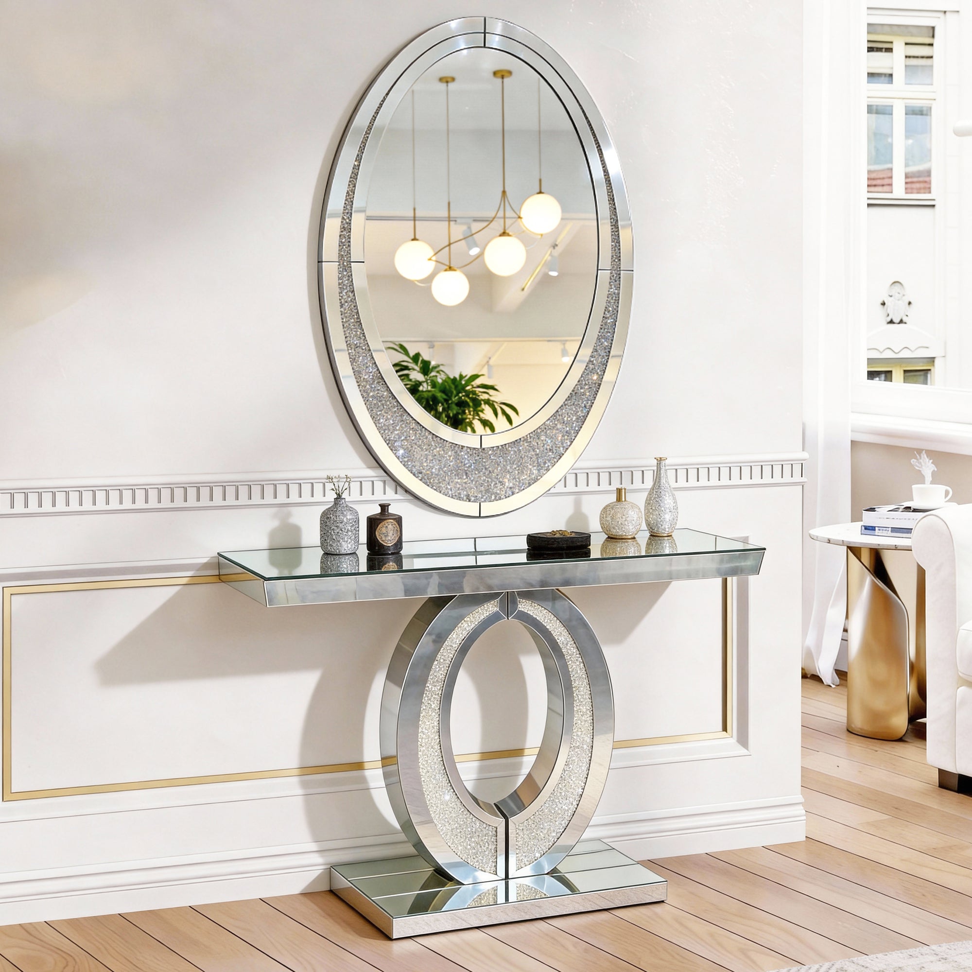 23.62 in. x 35.43 in. Silver Oval Crushed Diamond Wall Mirror, Frameless Crystal Accent Mirror with MDF Backing, Horizontal or Vertical