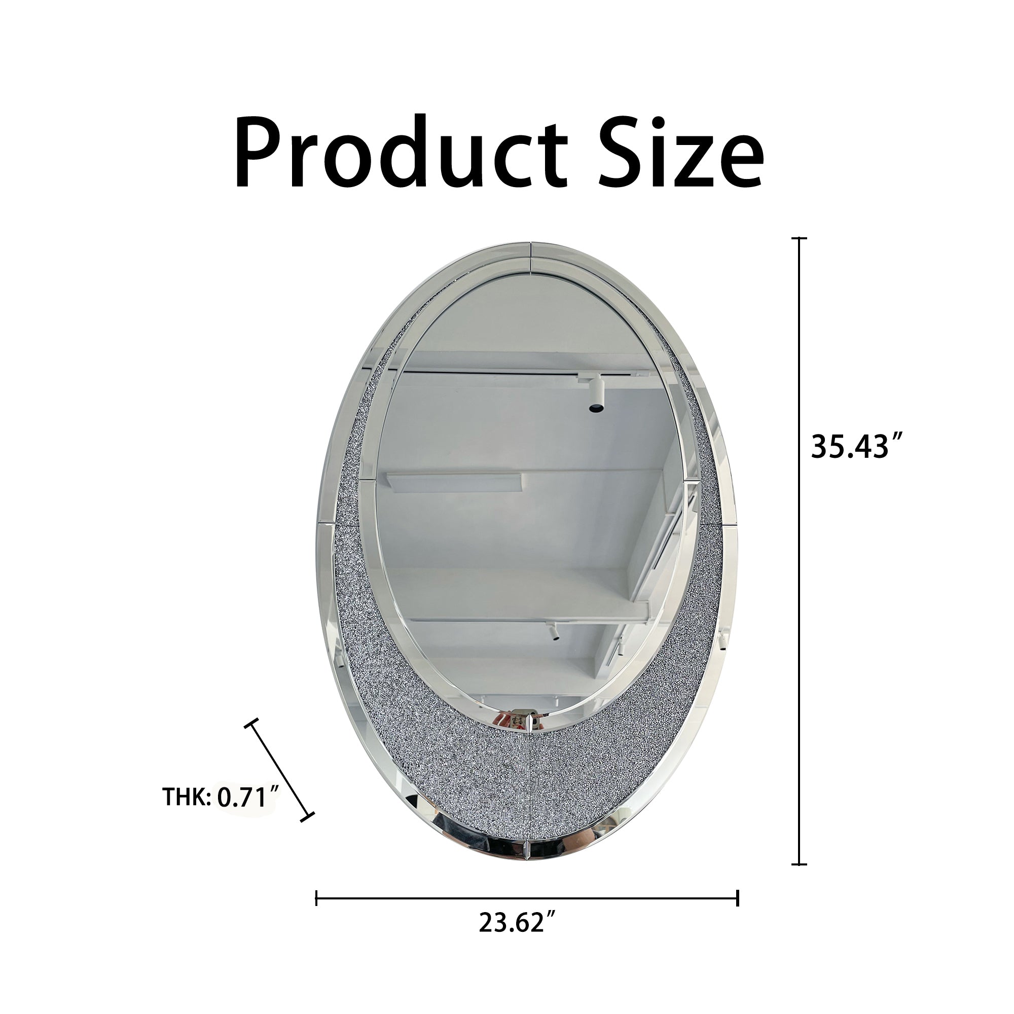 23.62 in. x 35.43 in. Silver Oval Crushed Diamond Wall Mirror, Frameless Crystal Accent Mirror with MDF Backing, Horizontal or Vertical