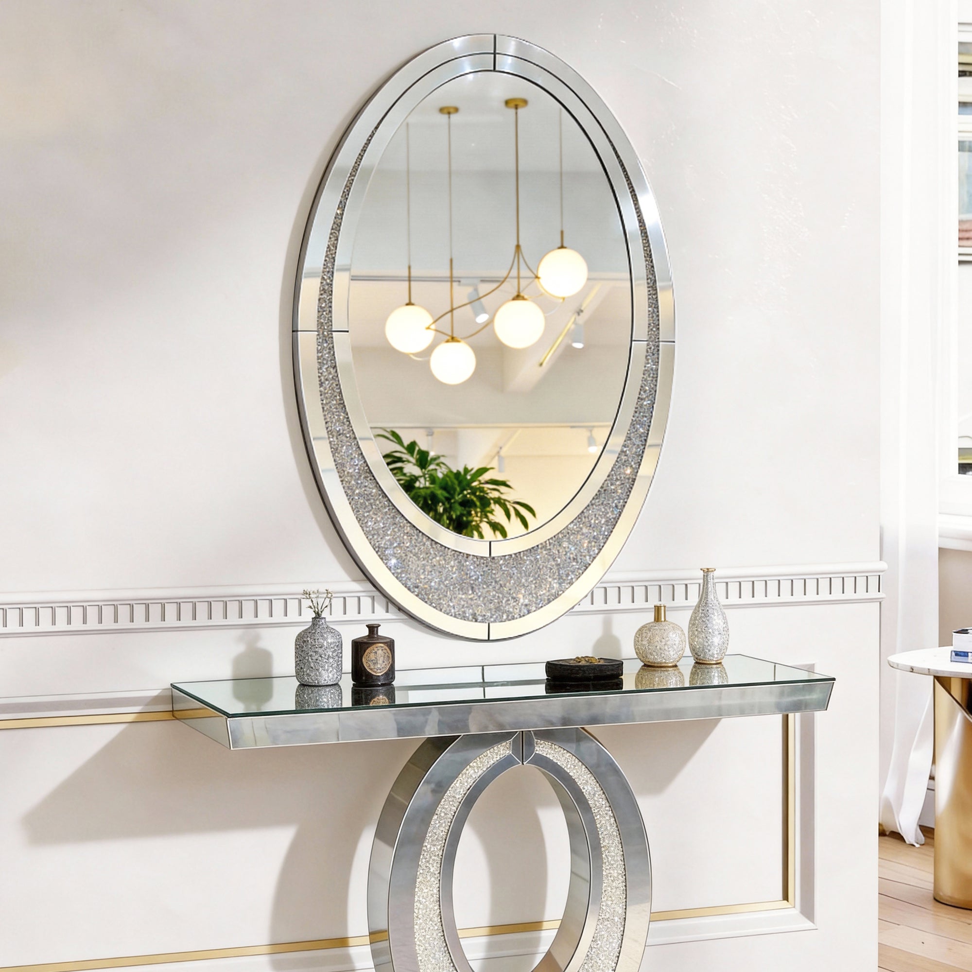 23.62 in. x 35.43 in. Silver Oval Crushed Diamond Wall Mirror, Frameless Crystal Accent Mirror with MDF Backing, Horizontal or Vertical