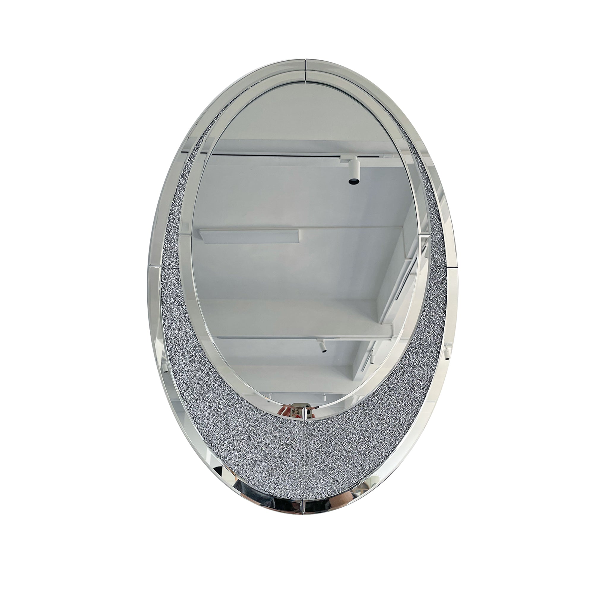 23.62 in. x 35.43 in. Silver Oval Crushed Diamond Wall Mirror, Frameless Crystal Accent Mirror with MDF Backing, Horizontal or Vertical