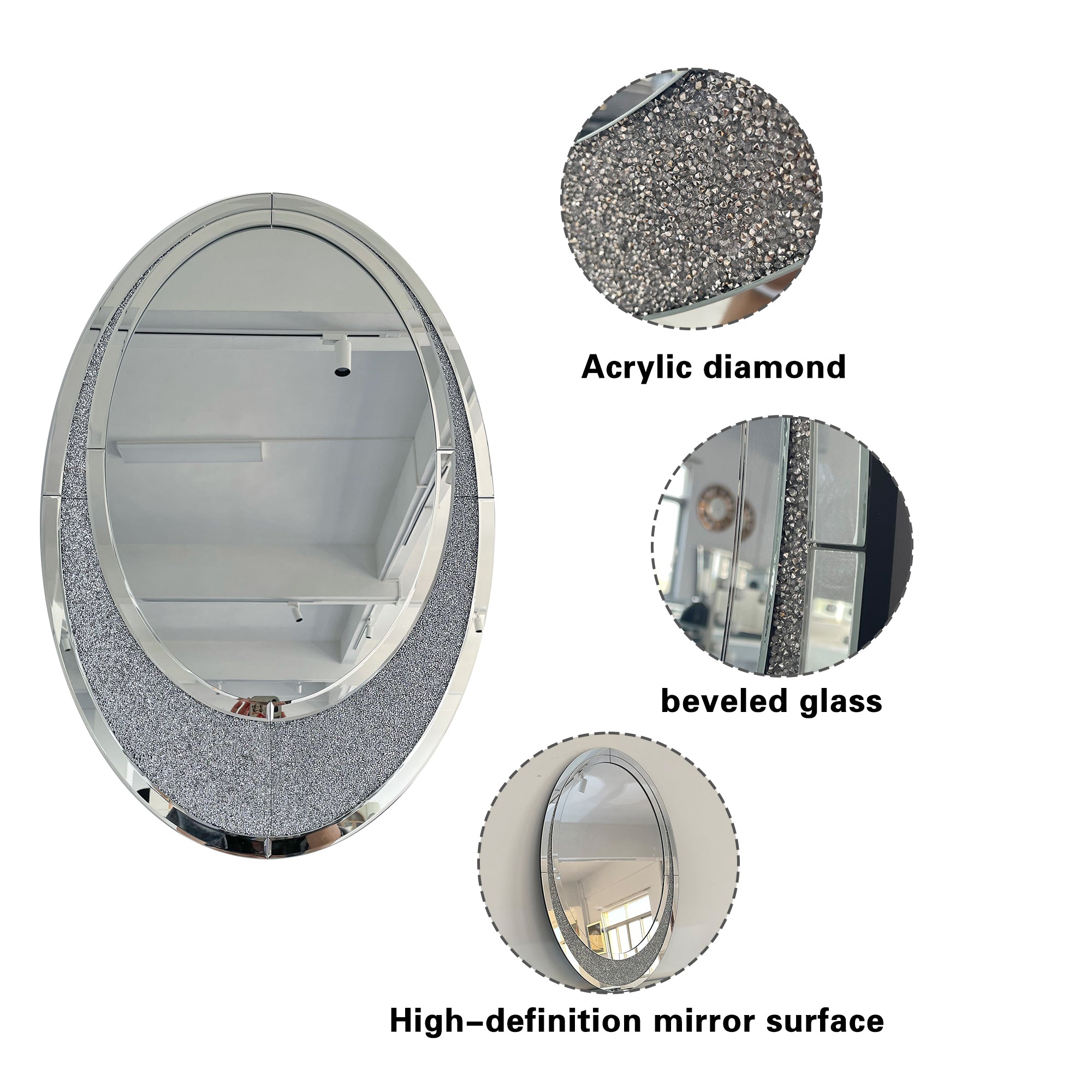 23.62 in. x 35.43 in. Silver Oval Crushed Diamond Wall Mirror, Frameless Crystal Accent Mirror with MDF Backing, Horizontal or Vertical