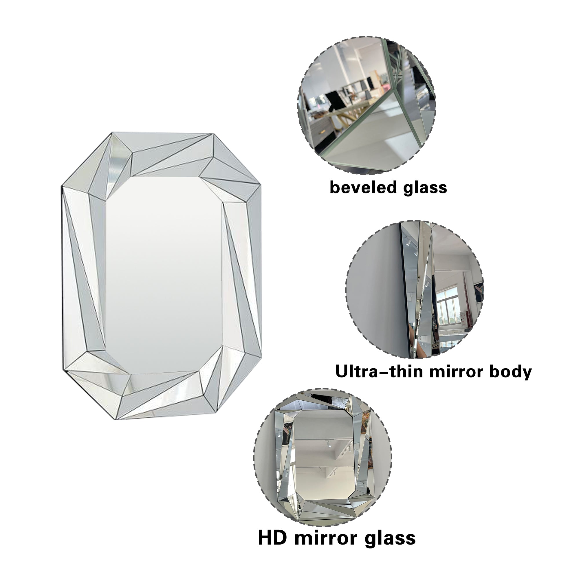 27.56 in. x 36.22 in. Geometric Beveled Frameless Wall Mirror, Faceted Diamond-Style Decorative Accent Mirror for Living Room, Entryway & Bathroom