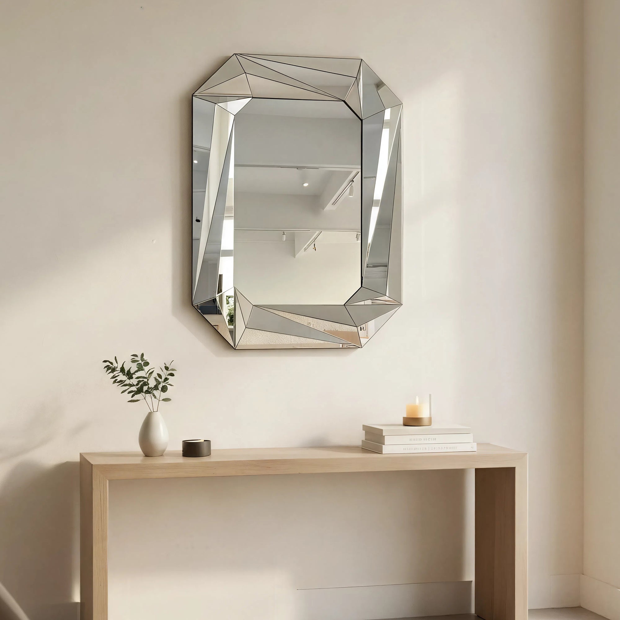 27.56 in. x 36.22 in. Geometric Beveled Frameless Wall Mirror, Faceted Diamond-Style Decorative Accent Mirror for Living Room, Entryway & Bathroom