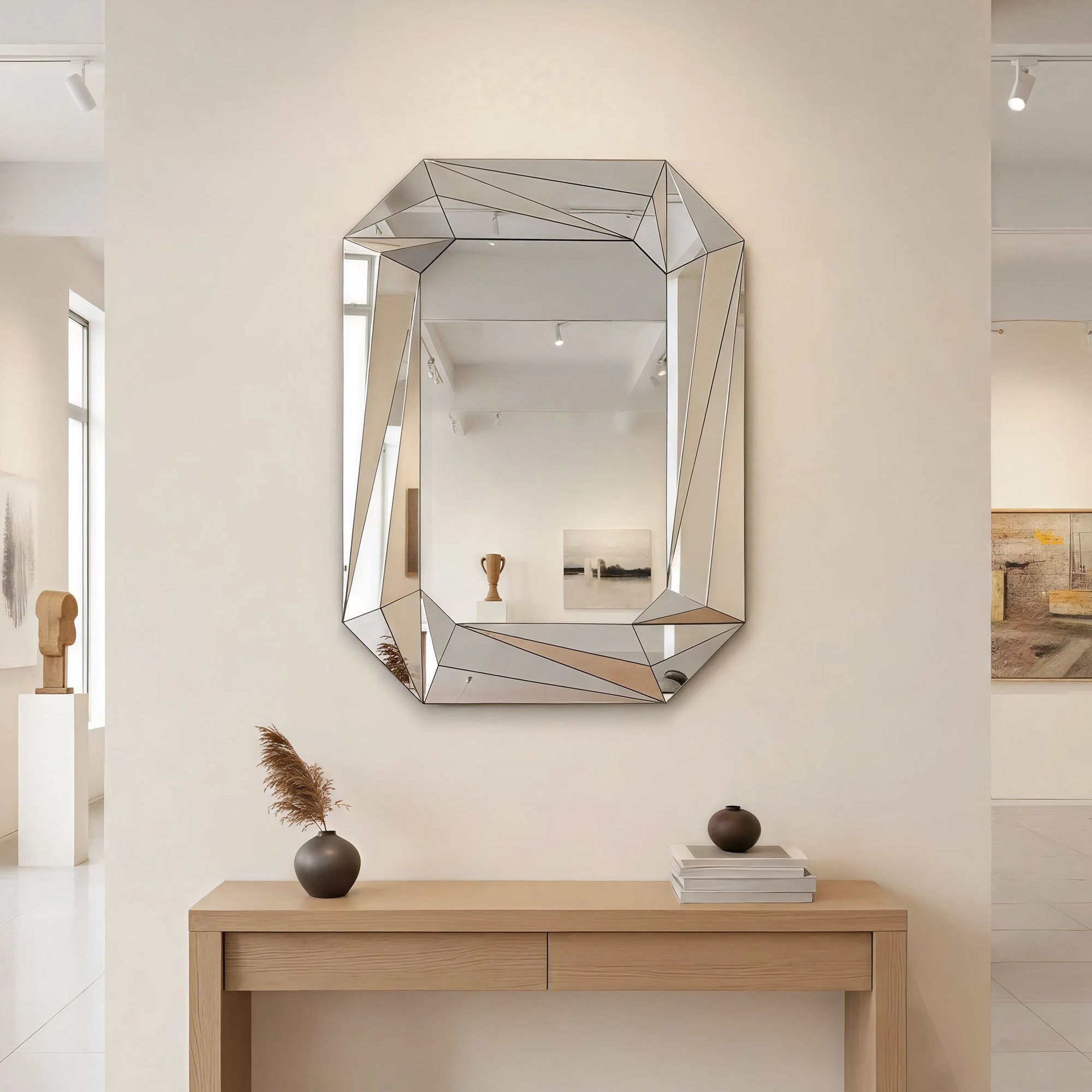 27.56 in. x 36.22 in. Geometric Beveled Frameless Wall Mirror, Faceted Diamond-Style Decorative Accent Mirror for Living Room, Entryway & Bathroom