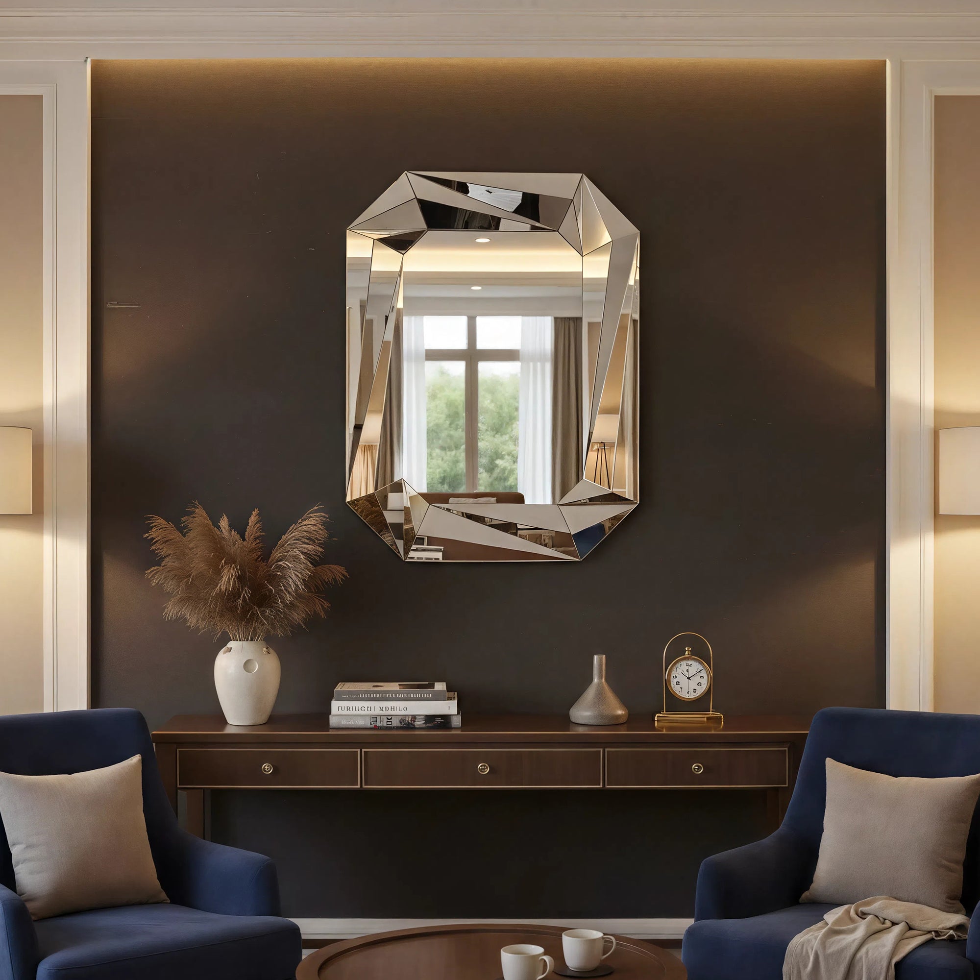 27.56 in. x 36.22 in. Geometric Beveled Frameless Wall Mirror, Faceted Diamond-Style Decorative Accent Mirror for Living Room, Entryway & Bathroom