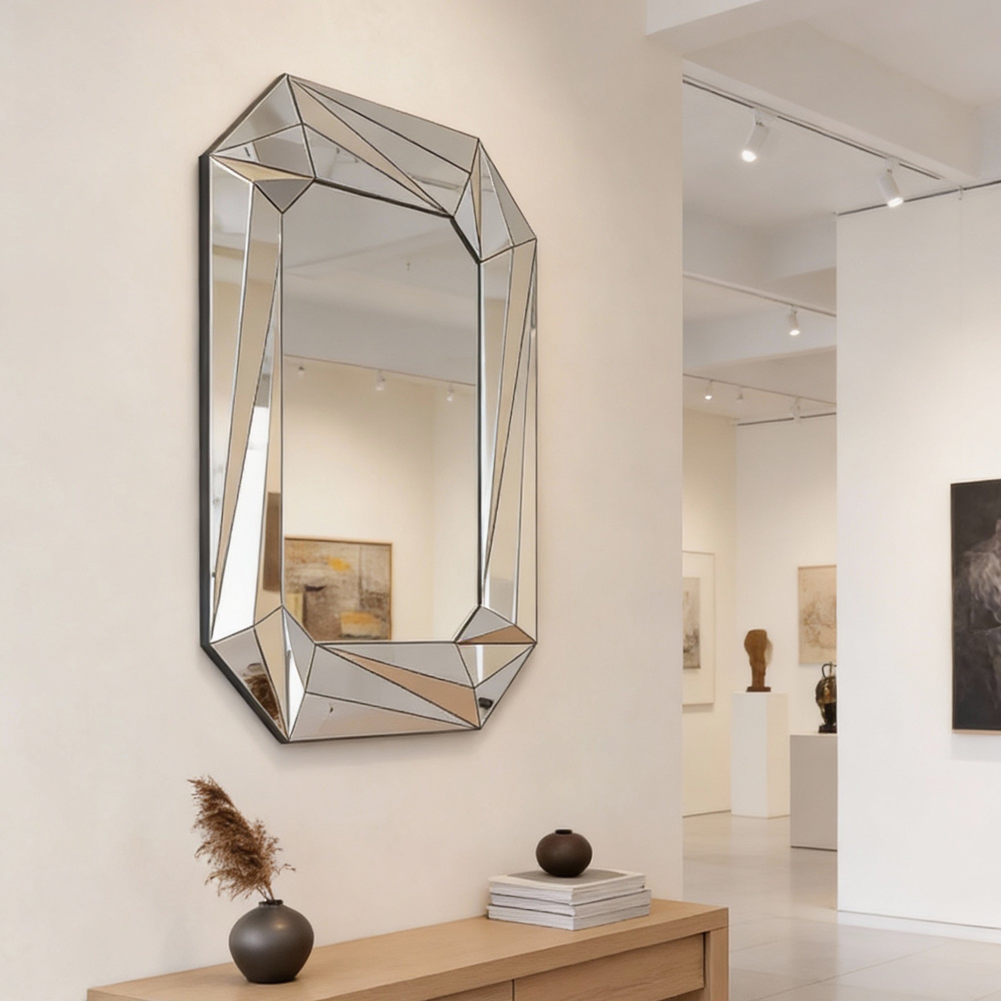 27.56 in. x 36.22 in. Geometric Beveled Frameless Wall Mirror, Faceted Diamond-Style Decorative Accent Mirror for Living Room, Entryway & Bathroom