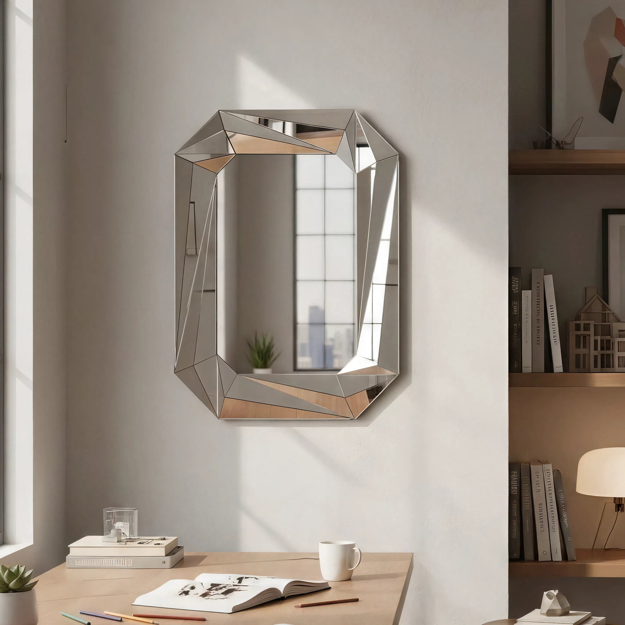 27.56 in. x 36.22 in. Geometric Beveled Frameless Wall Mirror, Faceted Diamond-Style Decorative Accent Mirror for Living Room, Entryway & Bathroom