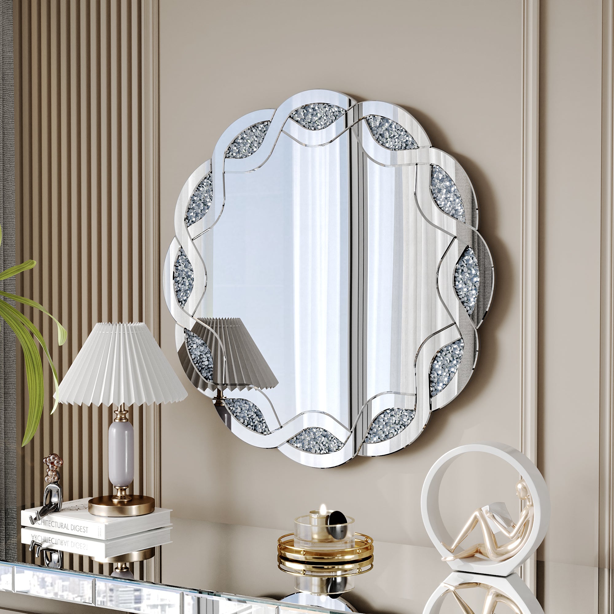 31.5 in. Silver Crush Diamond Round Wall Mirror, Wave Frame Decorative Accent Mirror with Heavy-Duty Frame for Bathroom & Living Room