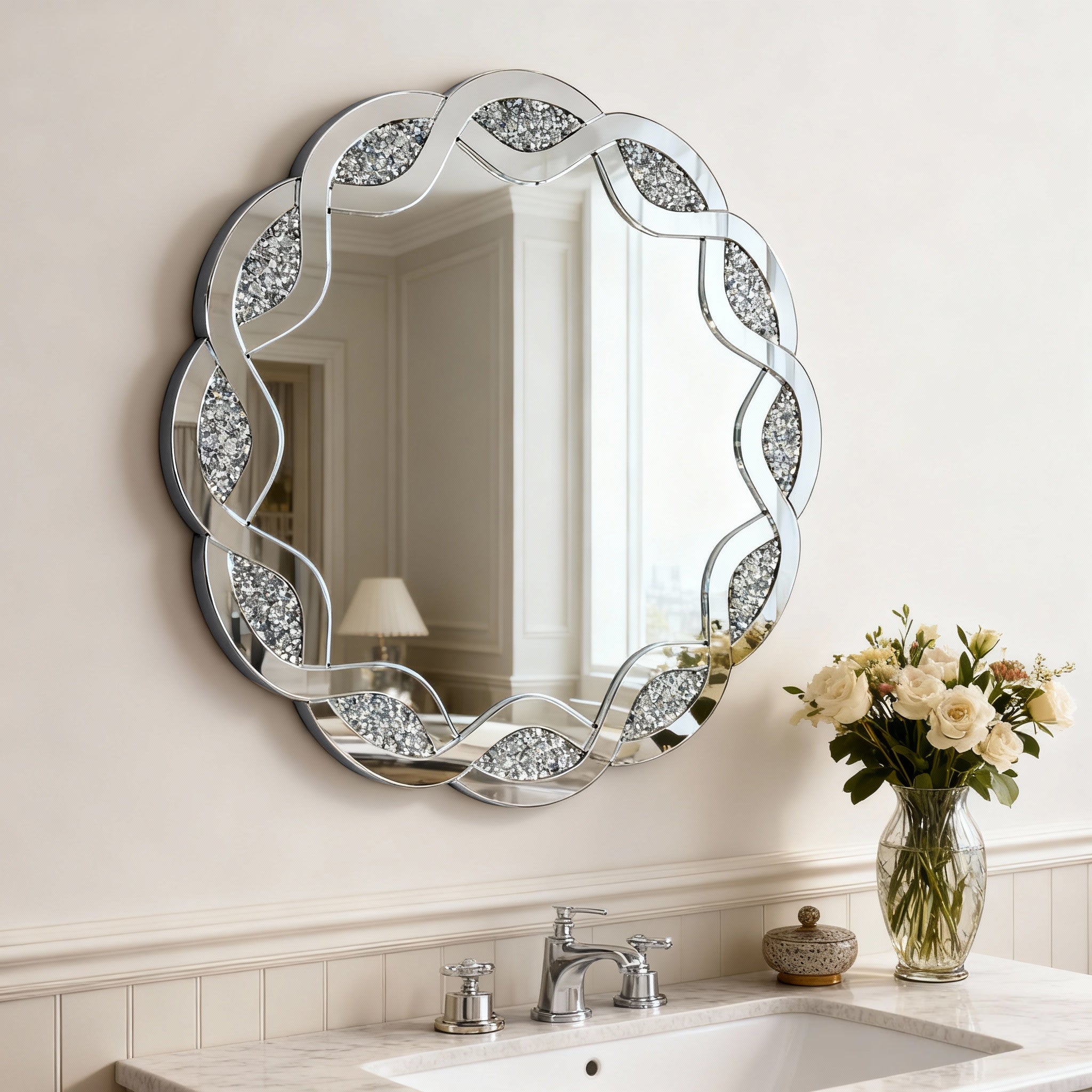 31.5 in. Silver Crush Diamond Round Wall Mirror, Wave Frame Decorative Accent Mirror with Heavy-Duty Frame for Bathroom & Living Room