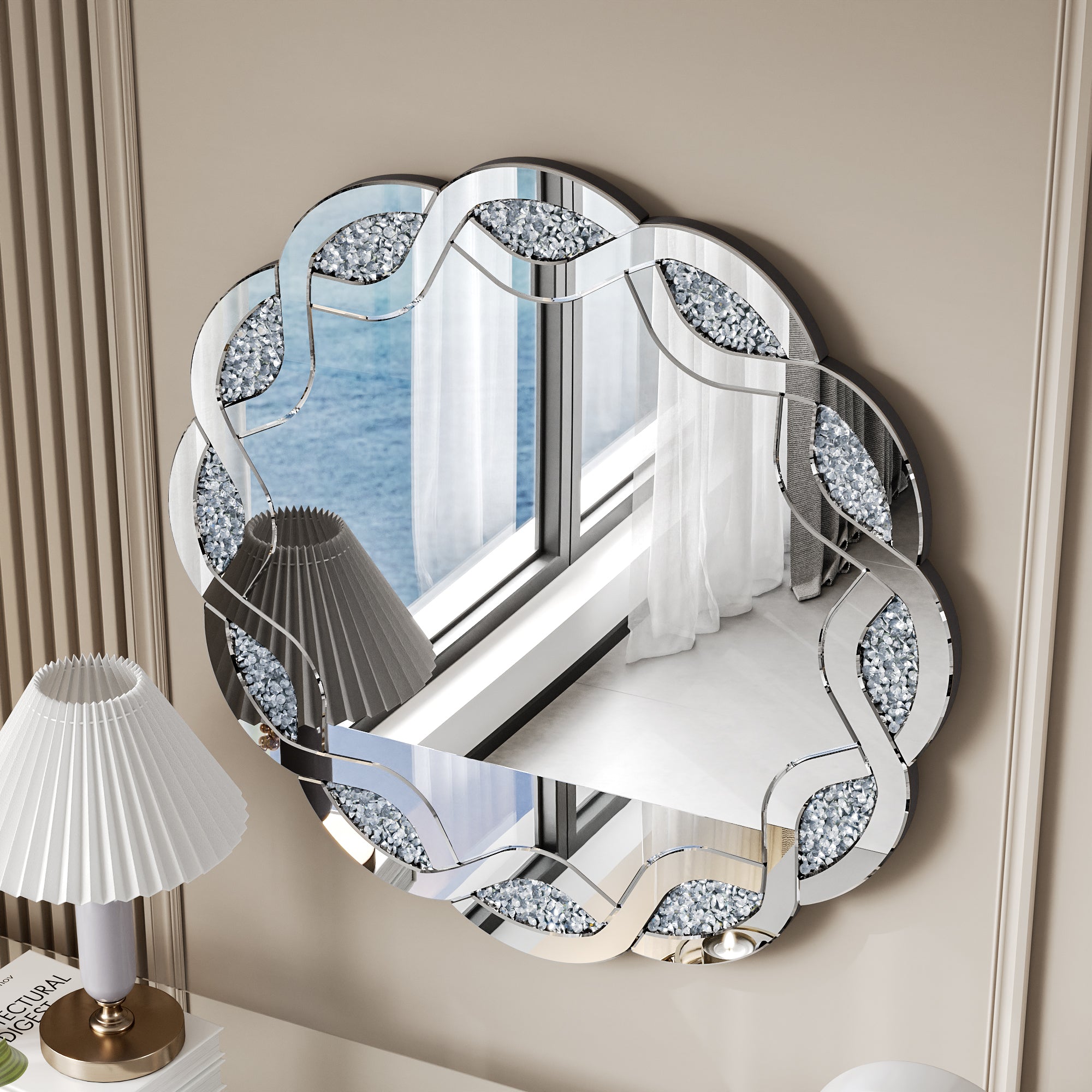 31.5 in. Silver Crush Diamond Round Wall Mirror, Wave Frame Decorative Accent Mirror with Heavy-Duty Frame for Bathroom & Living Room