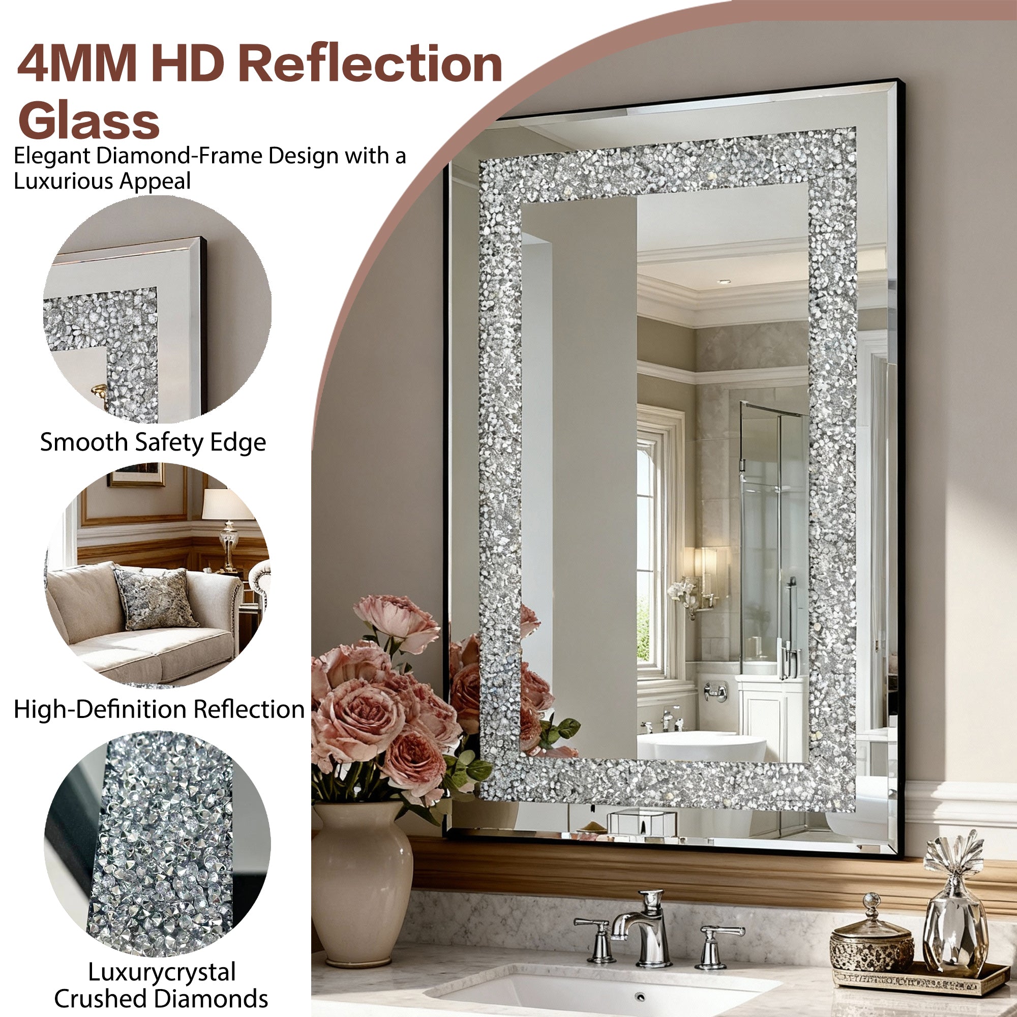 36 in. x 24 in. Silver Crystal Crush Diamond Rectangle Wall Mirror, Modern Beveled Edge Decorative Mirror for Living Room, Bedroom & Entryway