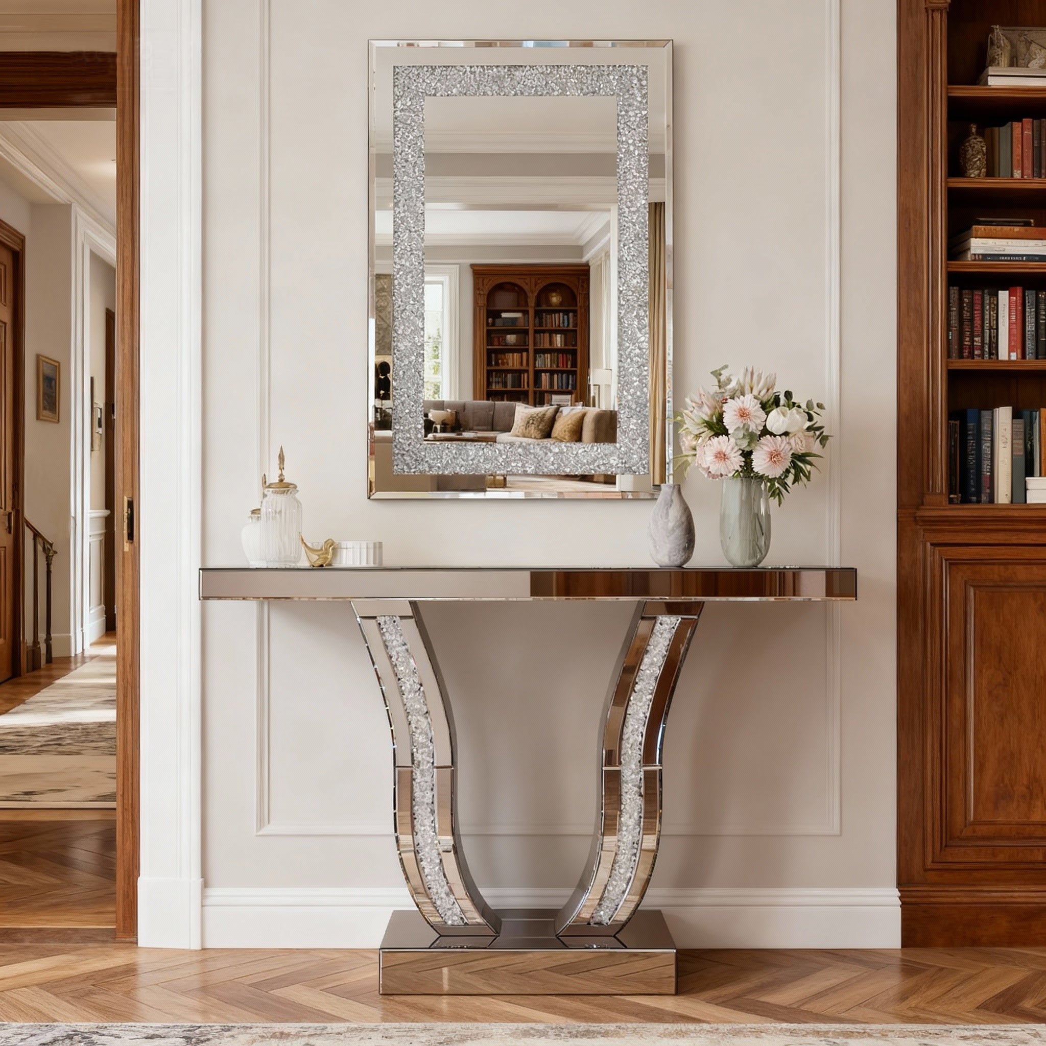 36 in. x 24 in. Silver Crystal Crush Diamond Rectangle Wall Mirror, Modern Beveled Edge Decorative Mirror for Living Room, Bedroom & Entryway