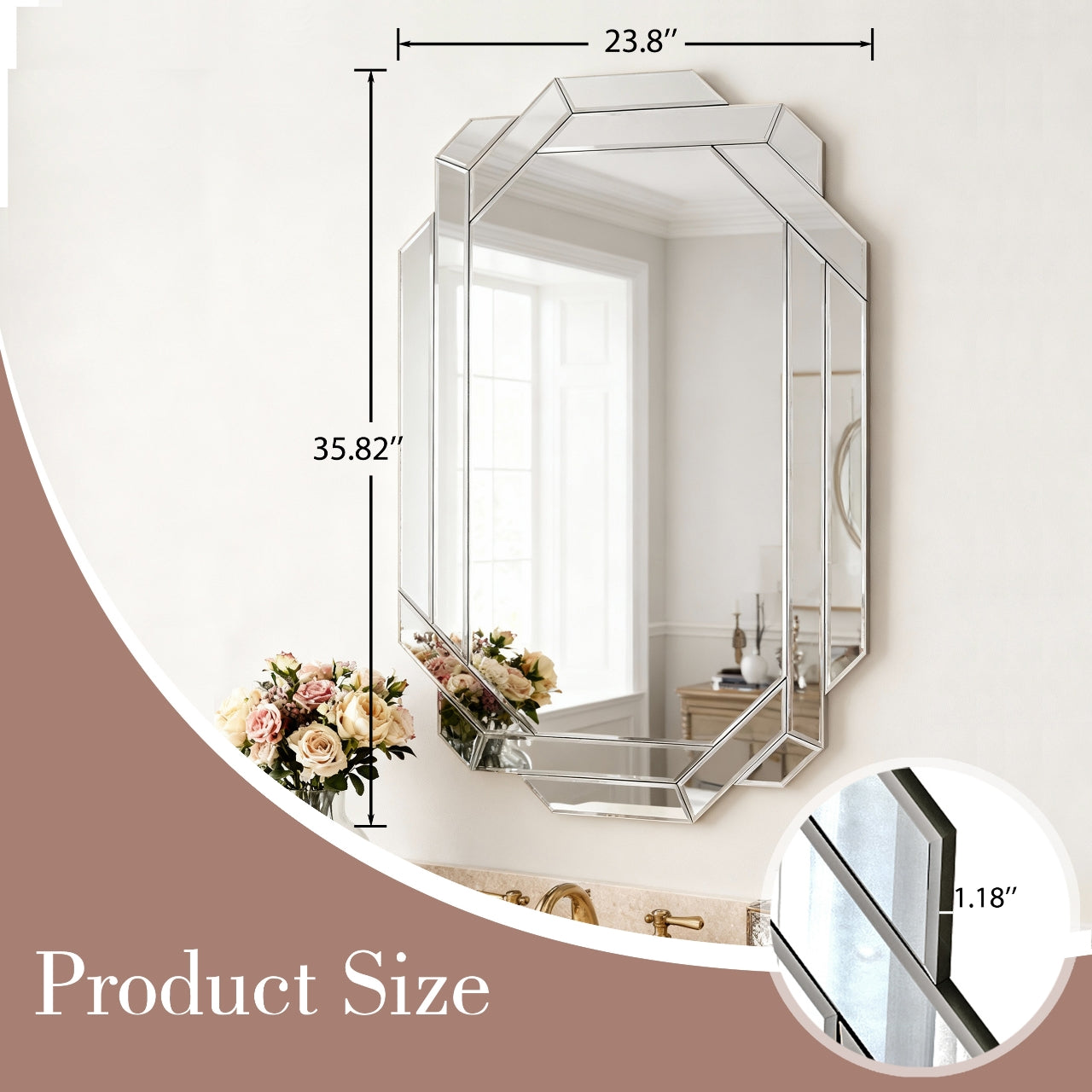 35.8 in. x 23.8 in. Frameless Rectangle Wall Mirror, Beveled Edge Full Length Decorative Mirror, Horizontal or Vertical for Bathroom, Bedroom & Living Room
