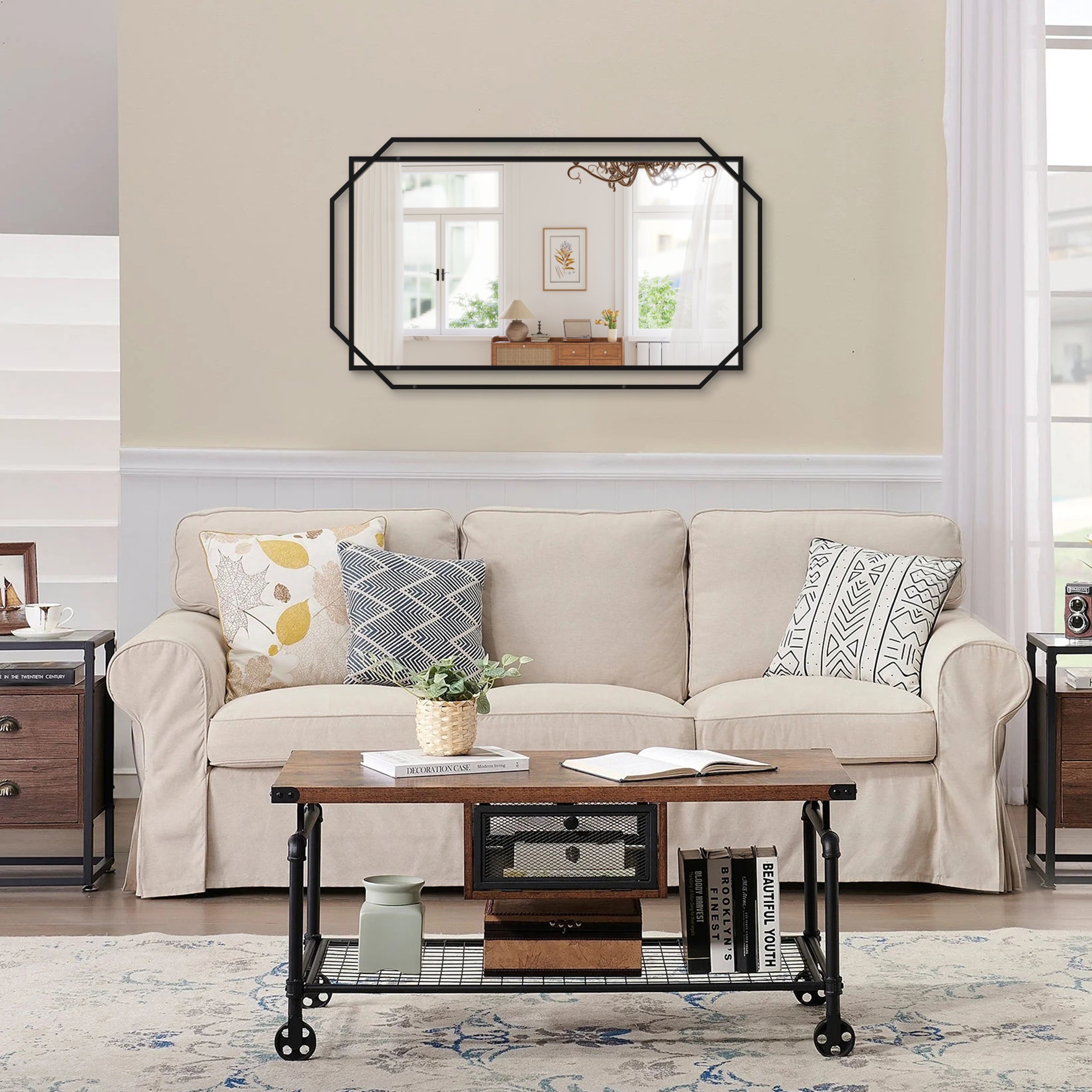 Black Metal Frame Bathroom Vanity Mirror with Multi-Tier Storage Shelf, 4 mm HD Wall Mirror, Horizontal or Vertical
