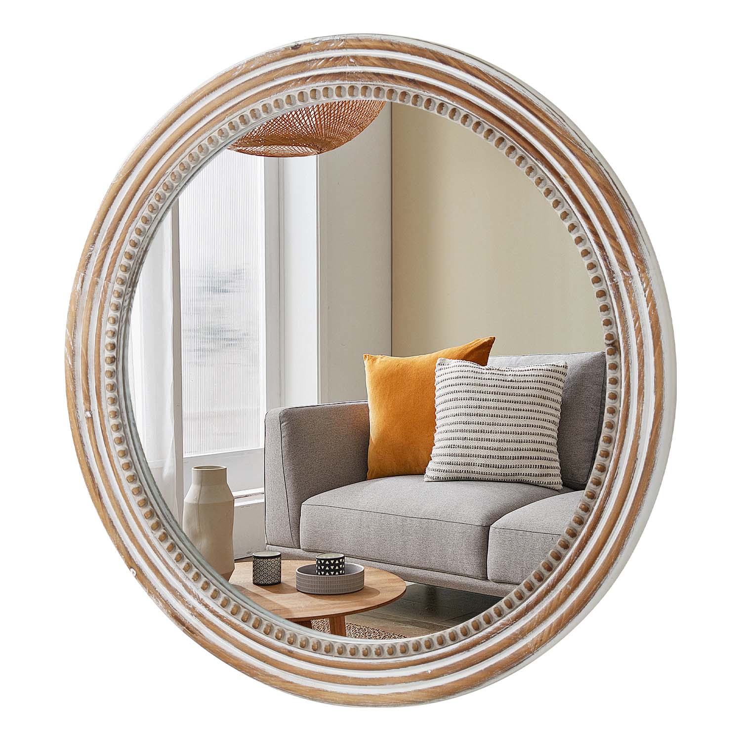 White Round Wood Wall Mirror with Beaded Frame, Rustic Farmhouse Decorative Accent Mirror for Living Room, Bedroom & Entryway