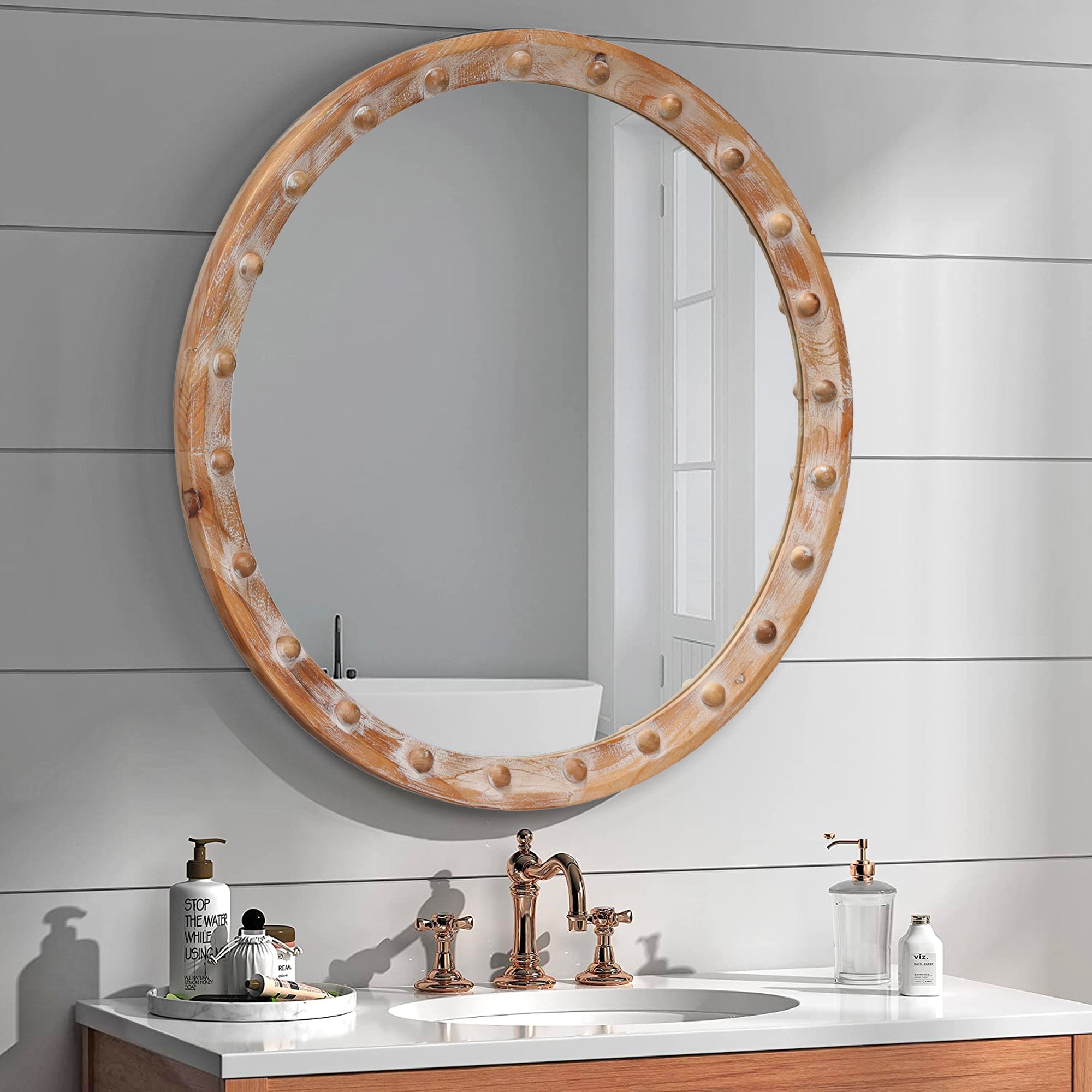 23.62 in. Round Distressed Wood Frame Wall Mirror with Rivet Detail, Rustic Farmhouse Decorative Mirror for Bathroom, Bedroom & Entryway