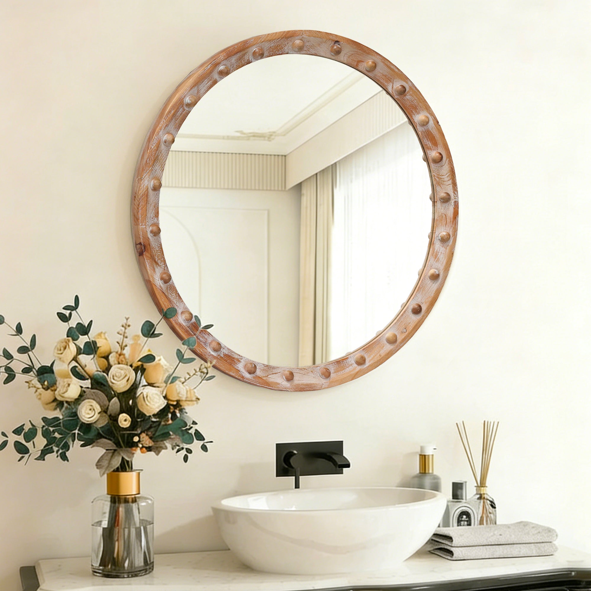 23.62 in. Round Distressed Wood Frame Wall Mirror with Rivet Detail, Rustic Farmhouse Decorative Mirror for Bathroom, Bedroom & Entryway