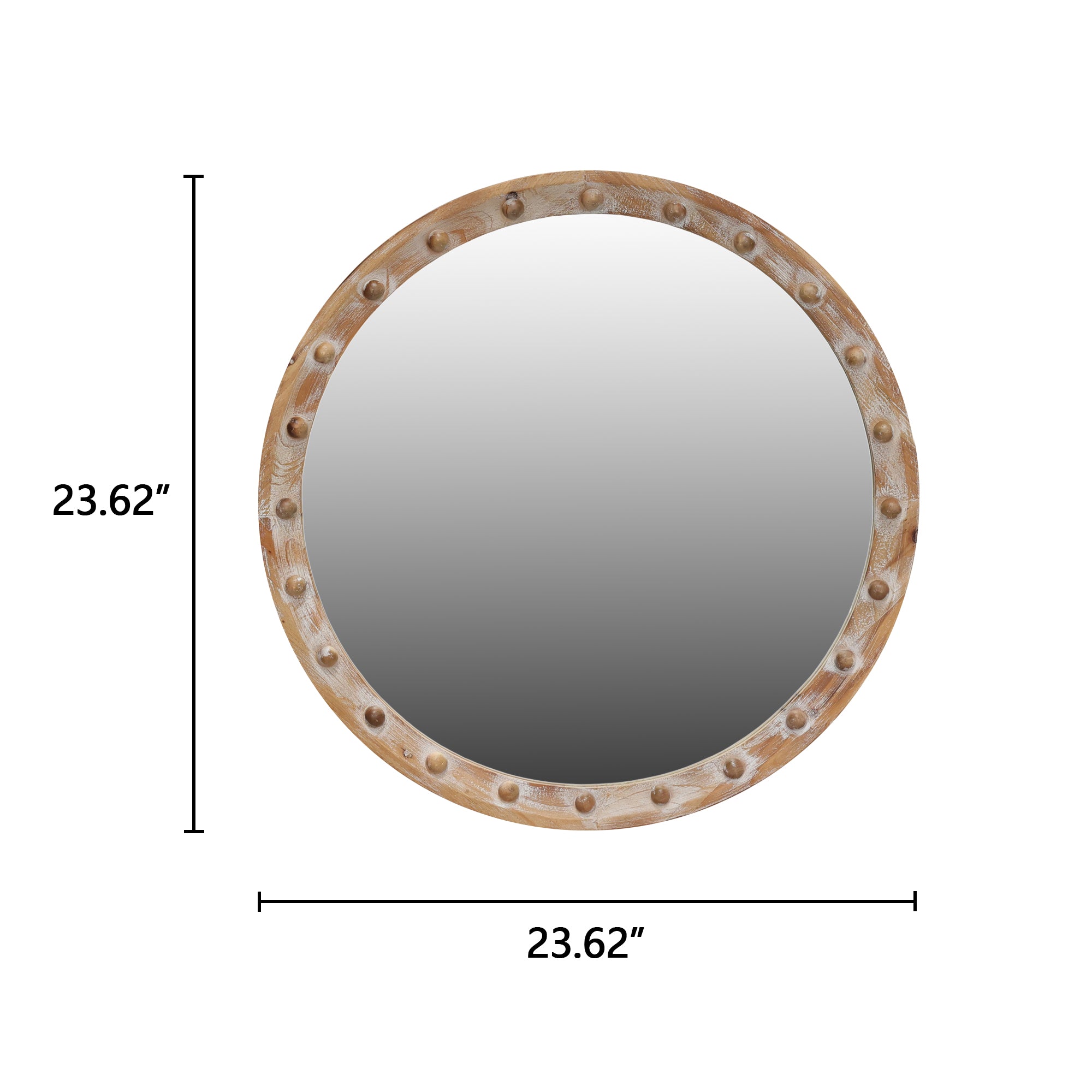 23.62 in. Round Distressed Wood Frame Wall Mirror with Rivet Detail, Rustic Farmhouse Decorative Mirror for Bathroom, Bedroom & Entryway