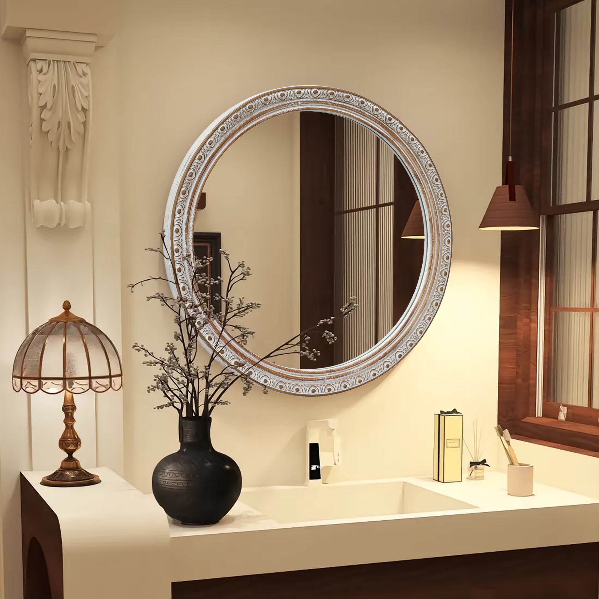 23.62 in. Distressed Silver-Gold Round Wall Mirror, Ornate Carved Wood Frame Decorative Mirror for Bathroom, Bedroom & Entryway