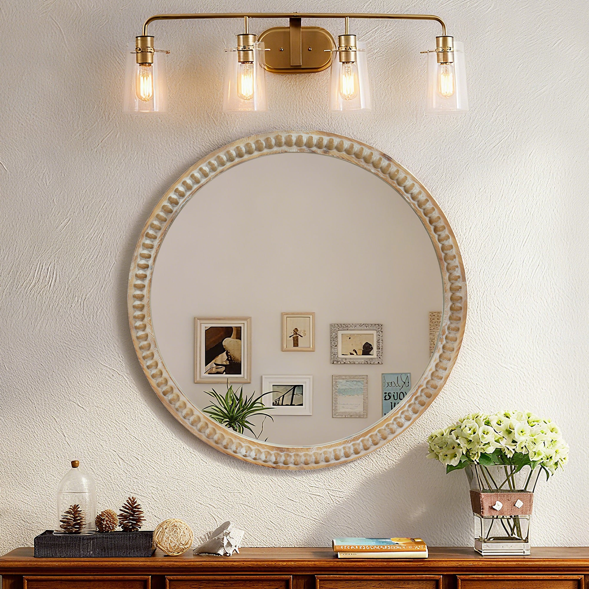 Round Distressed Wood Wall Mirror with Beaded Frame, Rustic Farmhouse Decorative Accent Mirror for Entryway, Living Room & Bathroom
