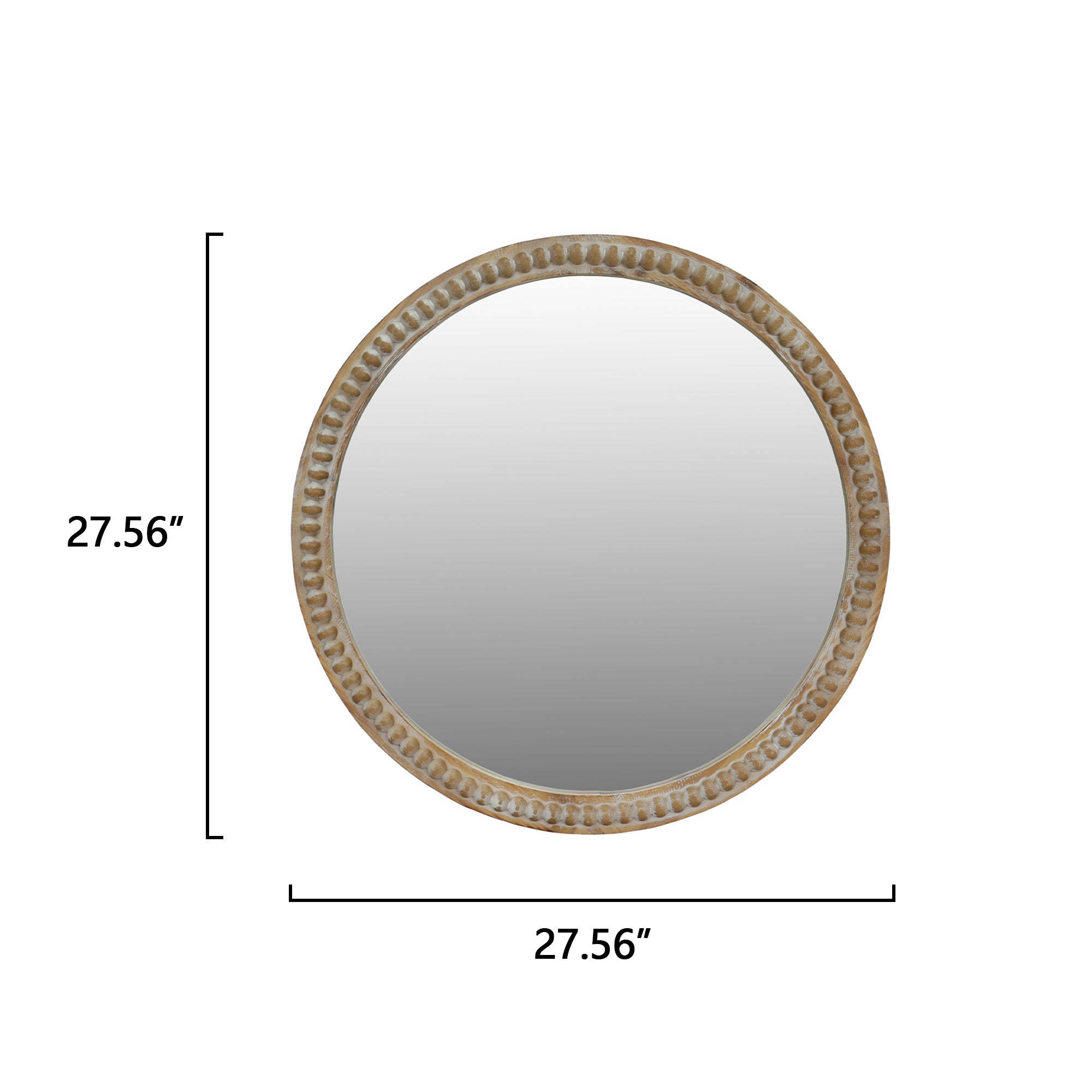 Round Distressed Wood Wall Mirror with Beaded Frame, Rustic Farmhouse Decorative Accent Mirror for Entryway, Living Room & Bathroom