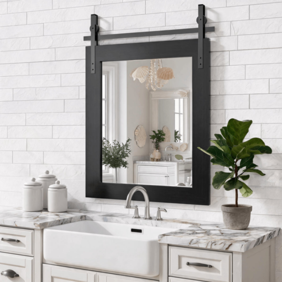 Black Farmhouse Bathroom Wall Mirror, Barn Door Style Faux Wood Grain Frame Vanity Mirror with Tempered Silver Glass