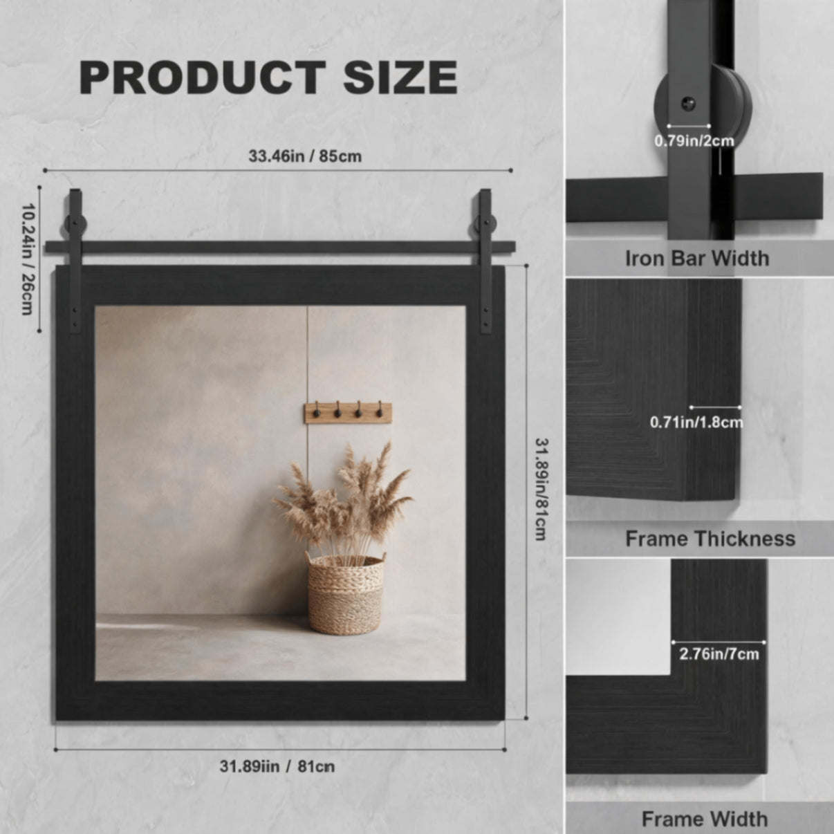 Black Farmhouse Bathroom Wall Mirror, Barn Door Style Faux Wood Grain Frame Vanity Mirror with Tempered Silver Glass