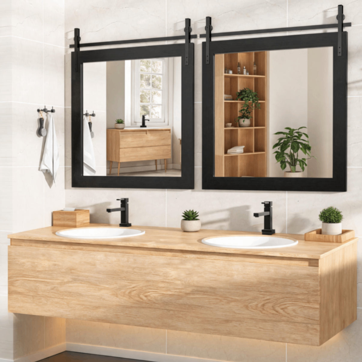 Black Farmhouse Bathroom Wall Mirror, Barn Door Style Faux Wood Grain Frame Vanity Mirror with Tempered Silver Glass