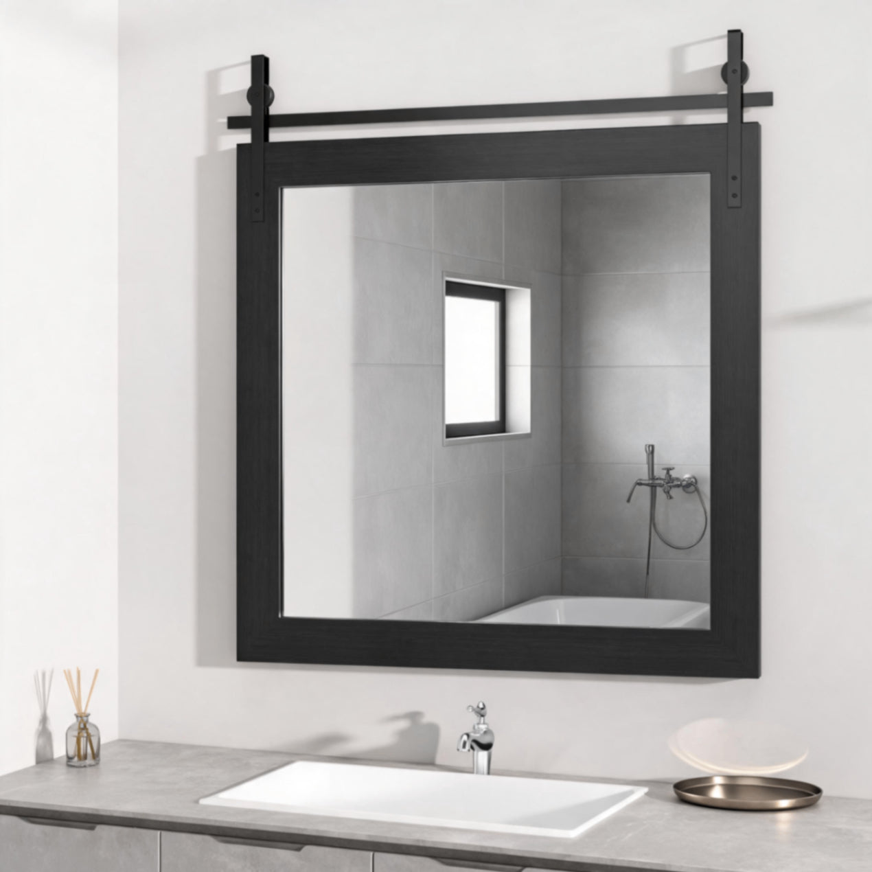 Black Farmhouse Bathroom Wall Mirror, Barn Door Style Faux Wood Grain Frame Vanity Mirror with Tempered Silver Glass