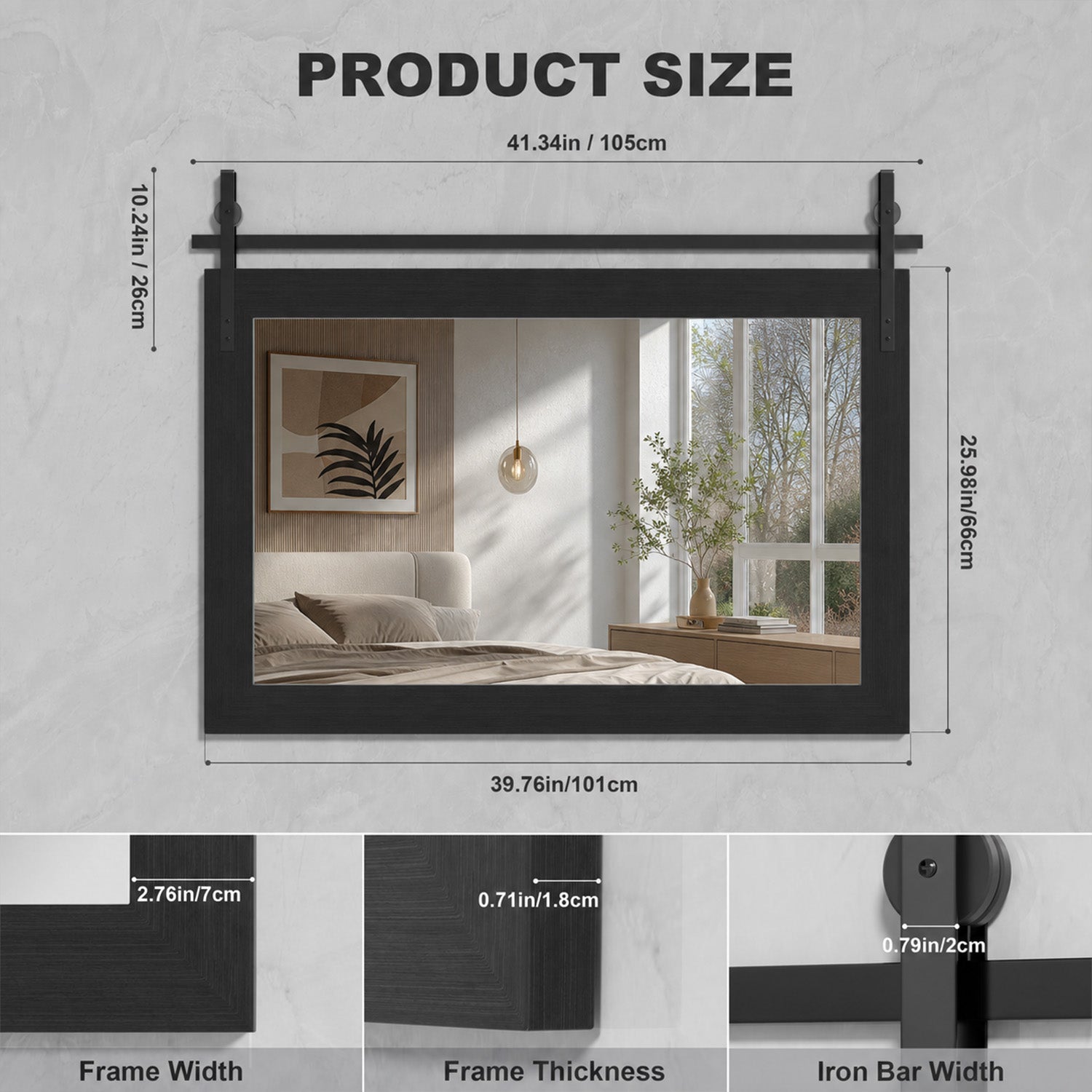 Black Farmhouse Bathroom Wall Mirror, Barn Door Style Faux Wood Grain Frame Vanity Mirror with Tempered Silver Glass