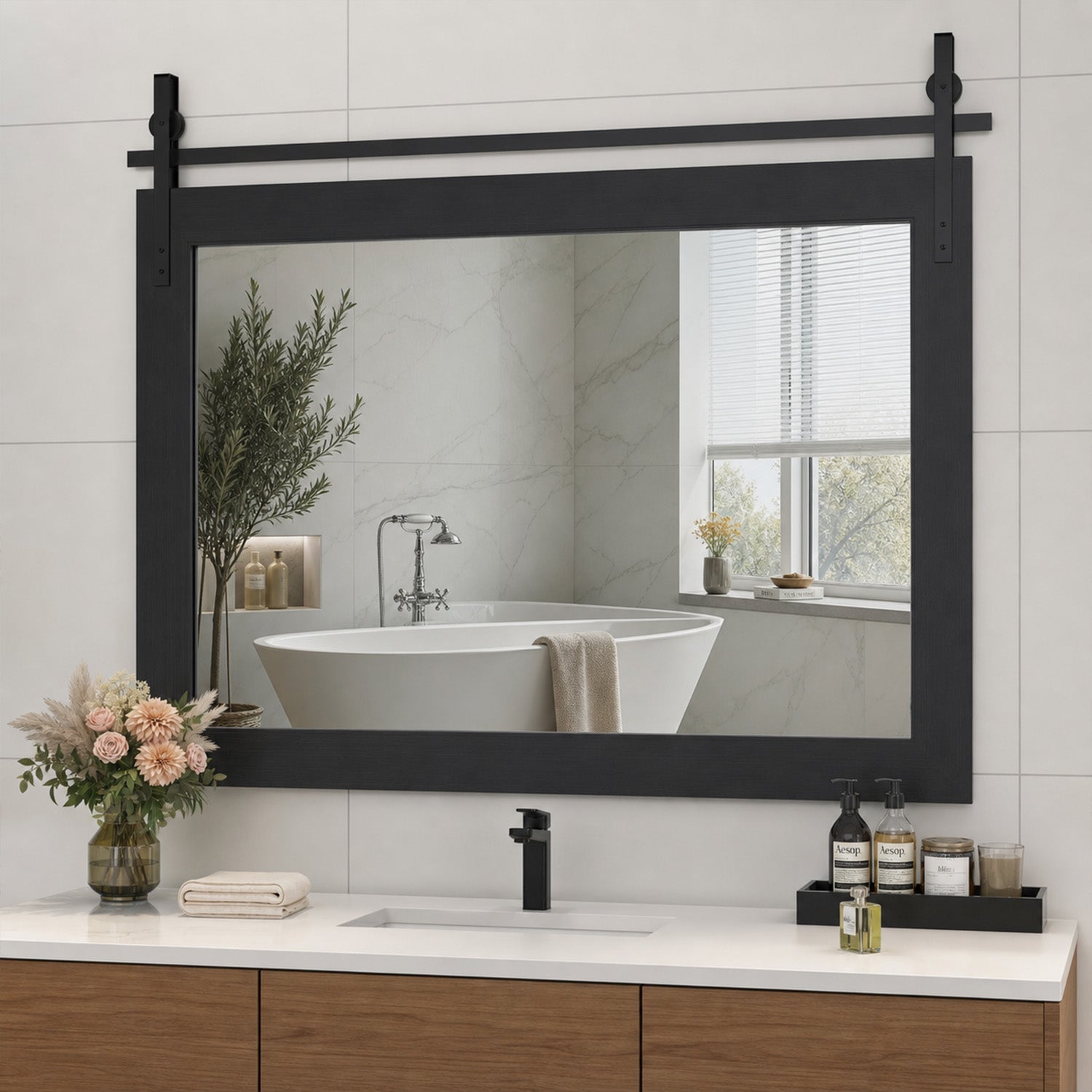 Black Farmhouse Bathroom Wall Mirror, Barn Door Style Faux Wood Grain Frame Vanity Mirror with Tempered Silver Glass
