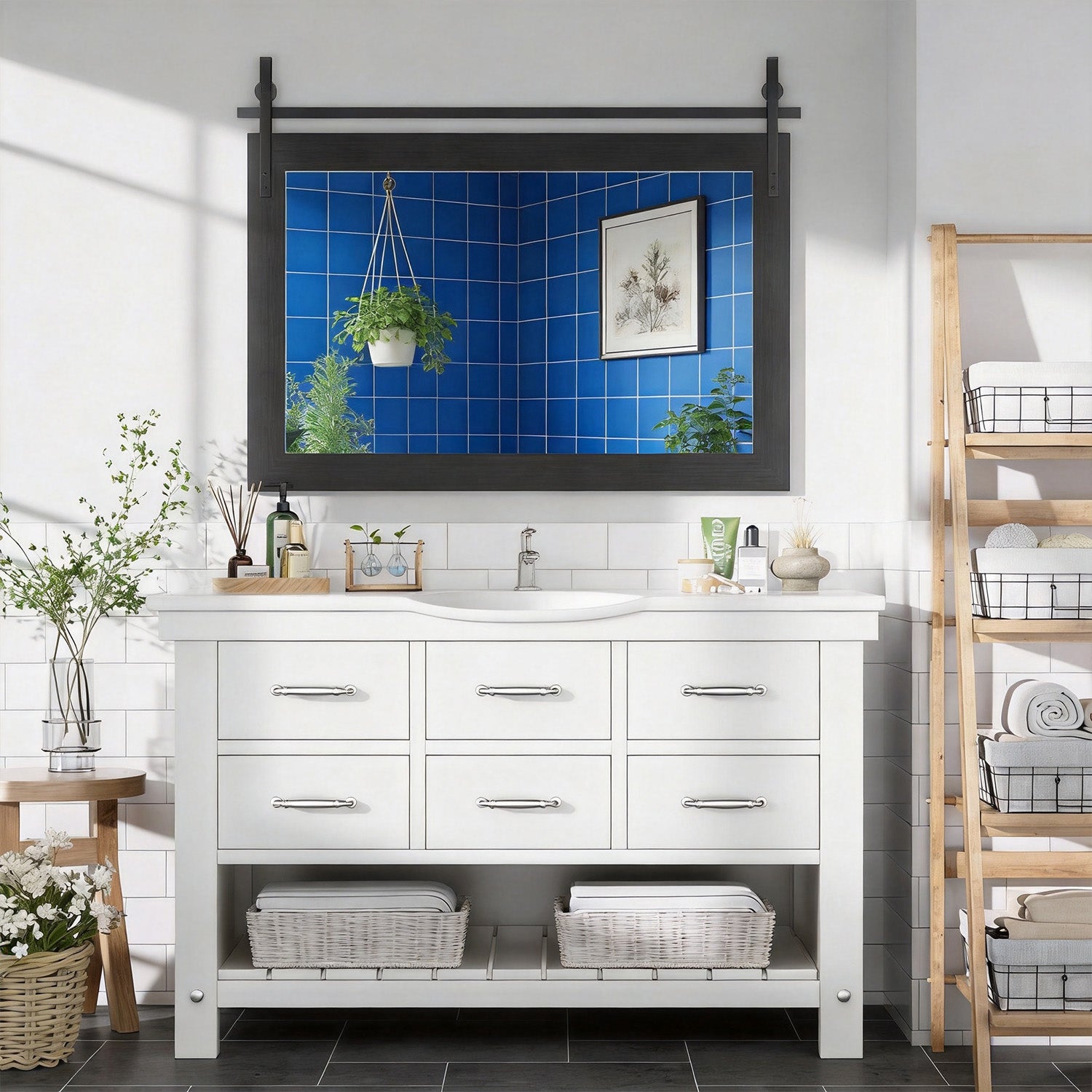 Black Farmhouse Bathroom Wall Mirror, Barn Door Style Faux Wood Grain Frame Vanity Mirror with Tempered Silver Glass