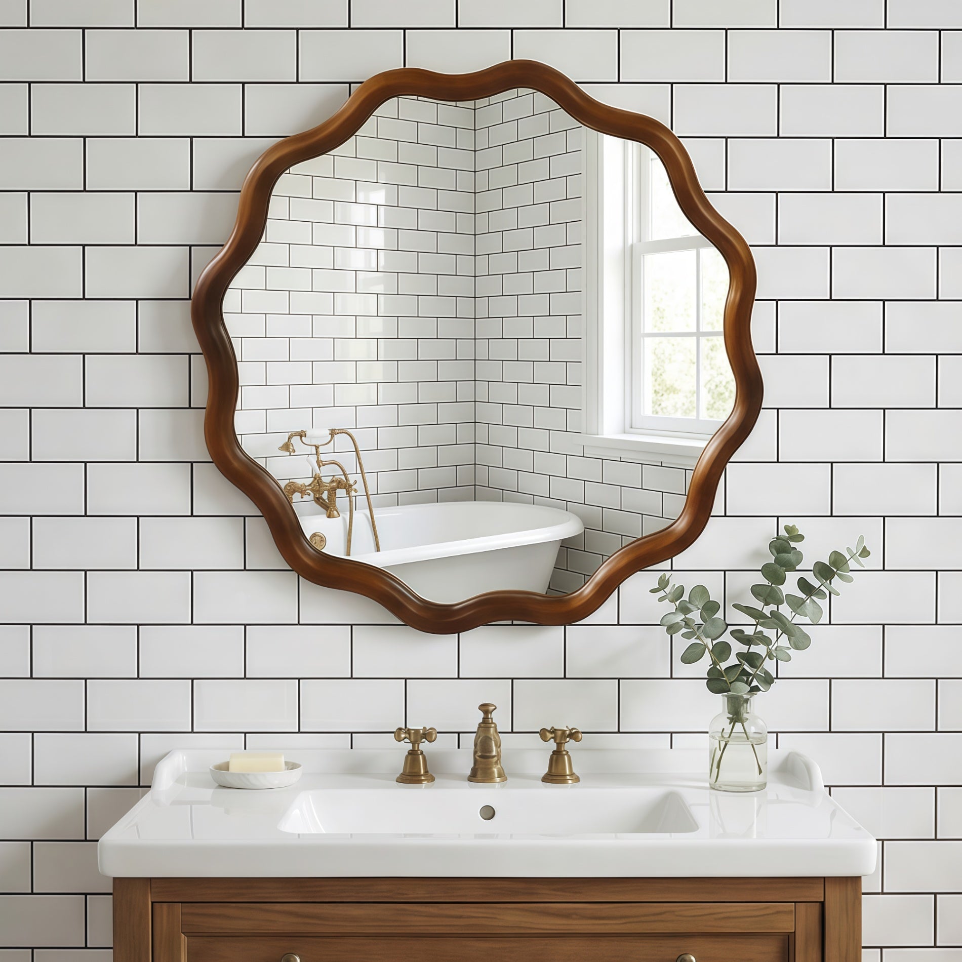 Wavy Round Solid Wood Frame Decorative Wall Mirror, 24" & 30", for Bedroom, Bathroom, Living Room & Entryway
