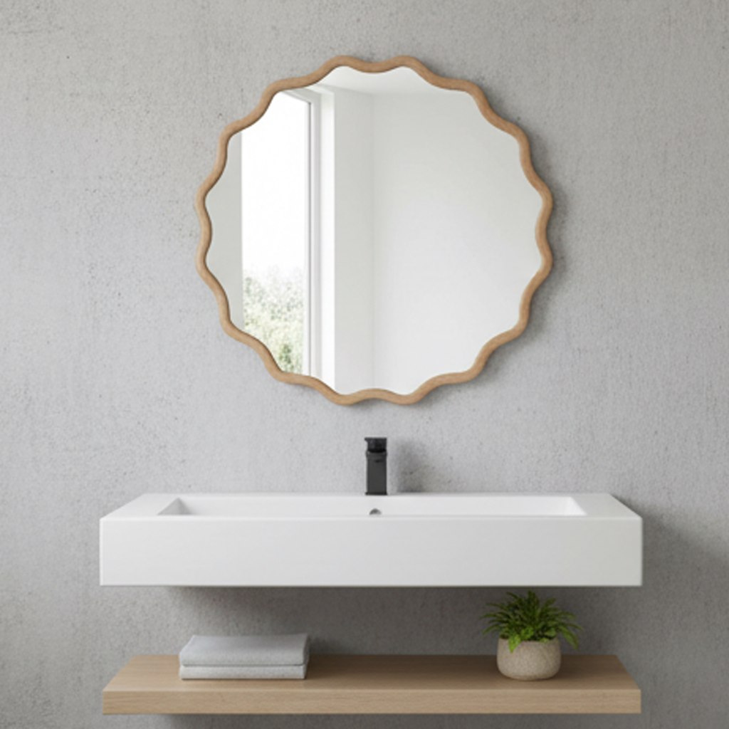 Wavy Round Solid Wood Frame Decorative Wall Mirror, 24" & 30", for Bedroom, Bathroom, Living Room & Entryway