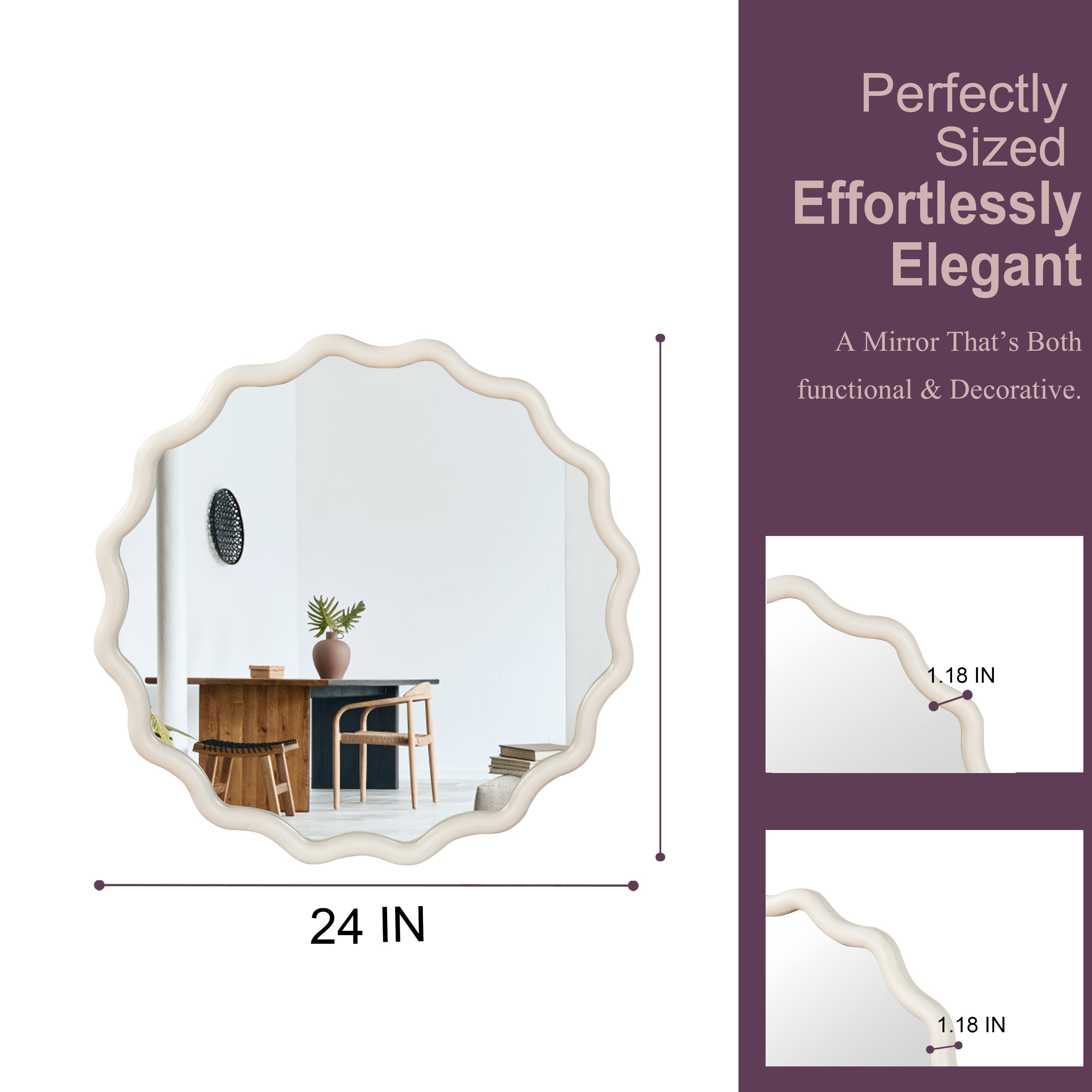 Wavy Round Solid Wood Frame Decorative Wall Mirror, 24" & 30", for Bedroom, Bathroom, Living Room & Entryway