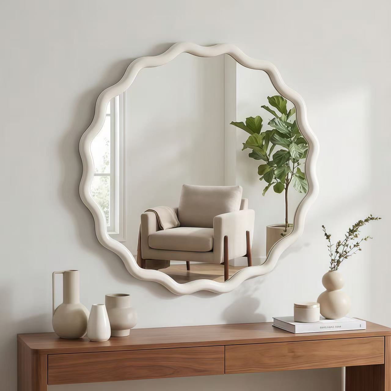 Wavy Round Solid Wood Frame Decorative Wall Mirror, 24" & 30", for Bedroom, Bathroom, Living Room & Entryway