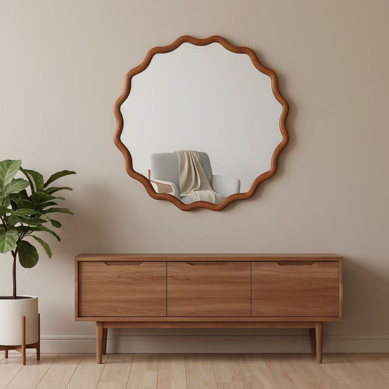 Wavy Round Solid Wood Frame Decorative Wall Mirror, 24" & 30", for Bedroom, Bathroom, Living Room & Entryway