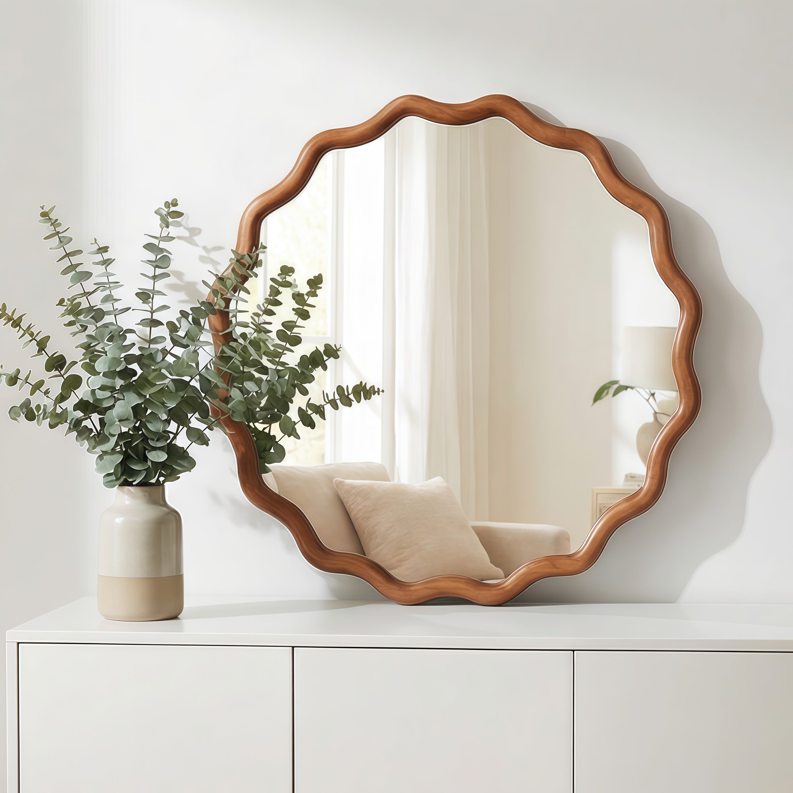 Wavy Round Solid Wood Frame Decorative Wall Mirror, 24" & 30", for Bedroom, Bathroom, Living Room & Entryway