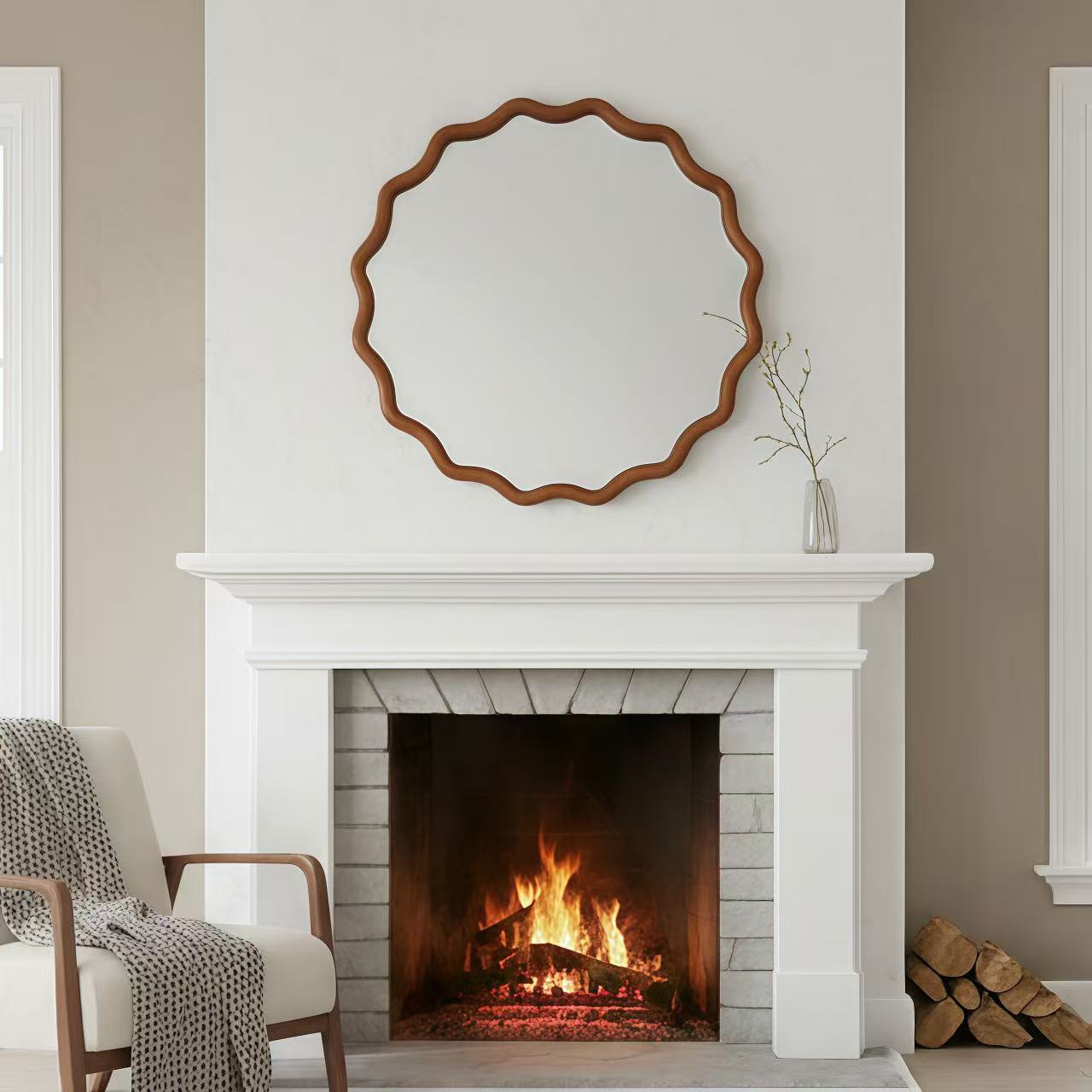 Wavy Round Solid Wood Frame Decorative Wall Mirror, 24" & 30", for Bedroom, Bathroom, Living Room & Entryway