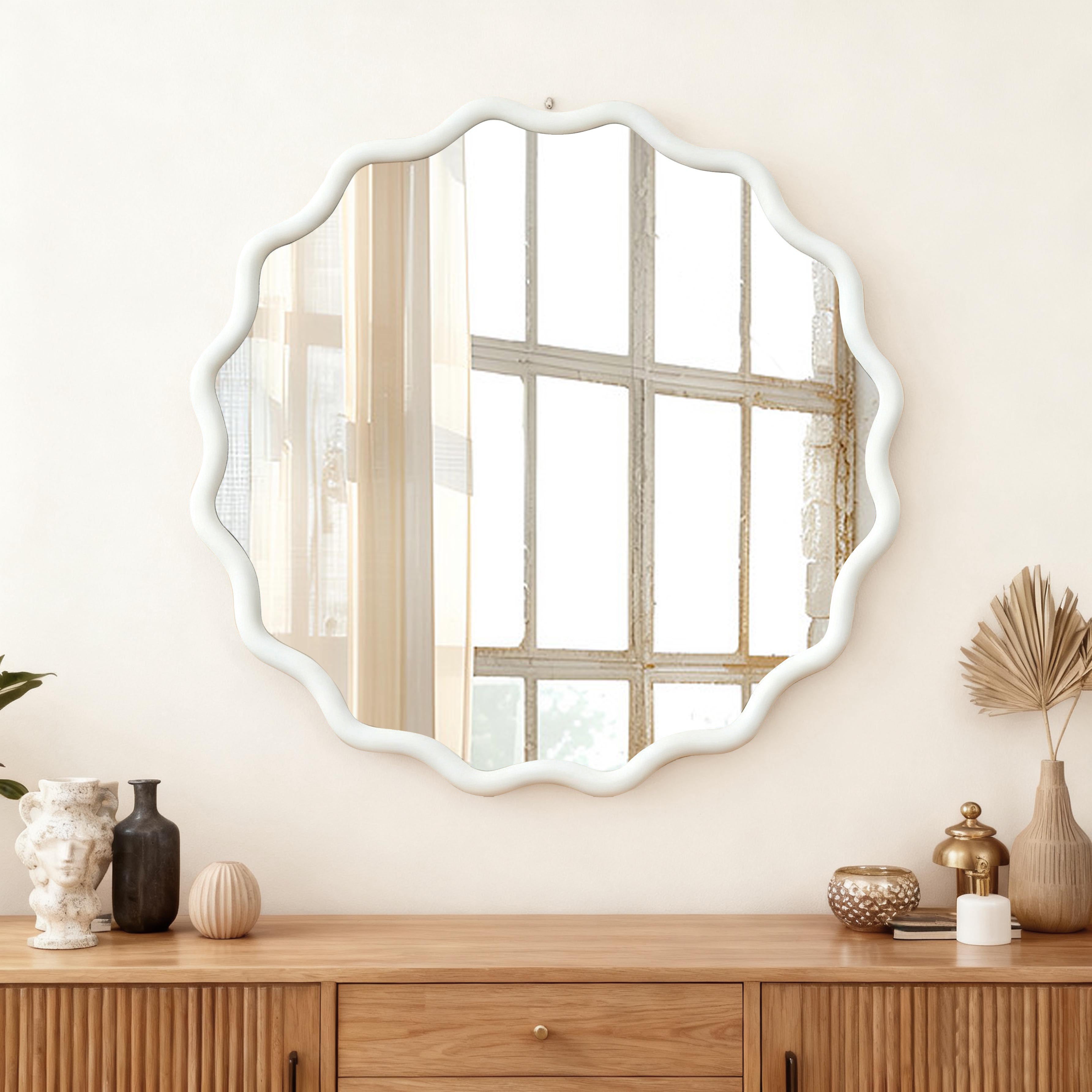 Wavy Round Solid Wood Frame Decorative Wall Mirror, 24" & 30", for Bedroom, Bathroom, Living Room & Entryway