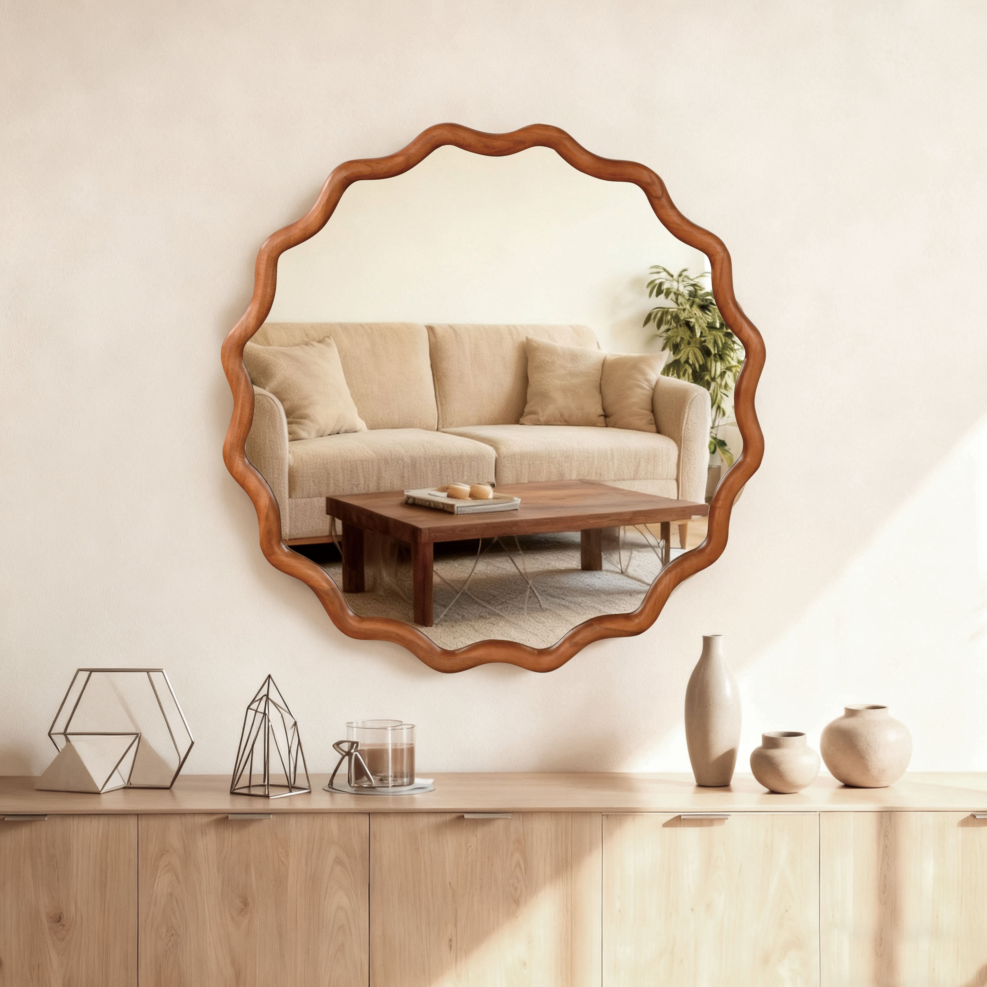 Wavy Round Solid Wood Frame Decorative Wall Mirror, 24" & 30", for Bedroom, Bathroom, Living Room & Entryway