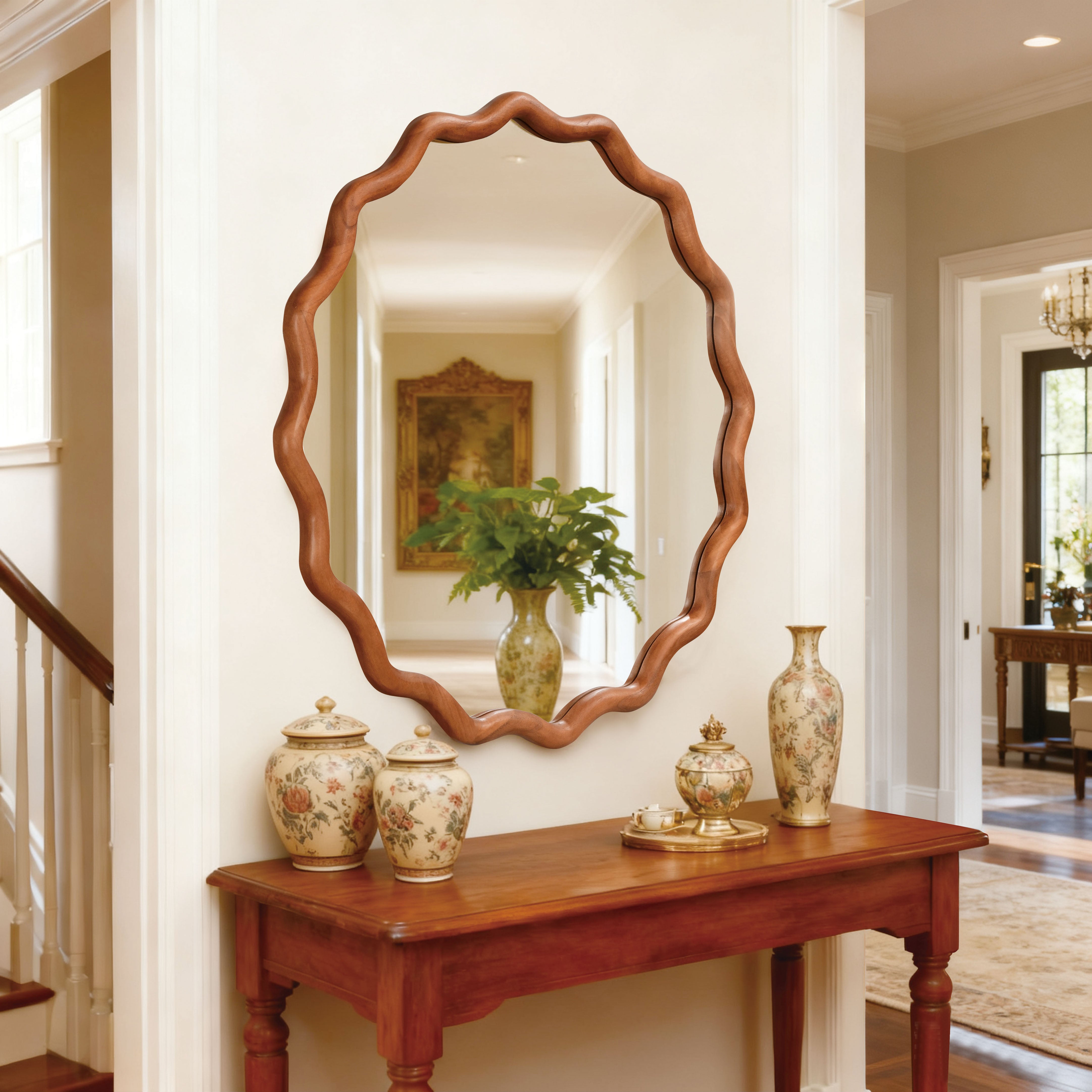 Wavy Round Solid Wood Frame Decorative Wall Mirror, 24" & 30", for Bedroom, Bathroom, Living Room & Entryway