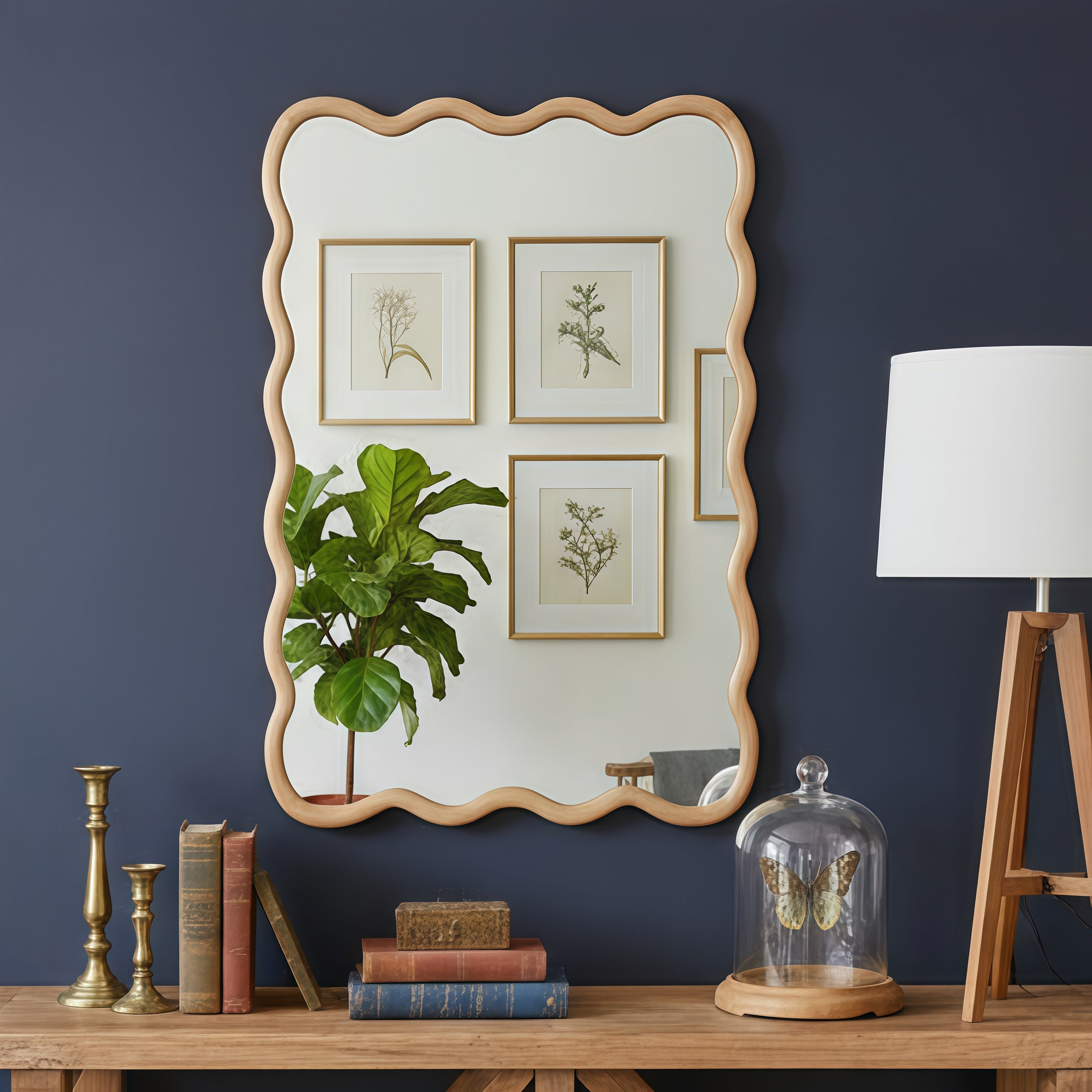 24 in. x 36 in. Wavy Rectangle Solid Wood Wall Mirror, Boho Decorative Tempered Glass Vanity Mirror for Bathroom, Bedroom & Entryway
