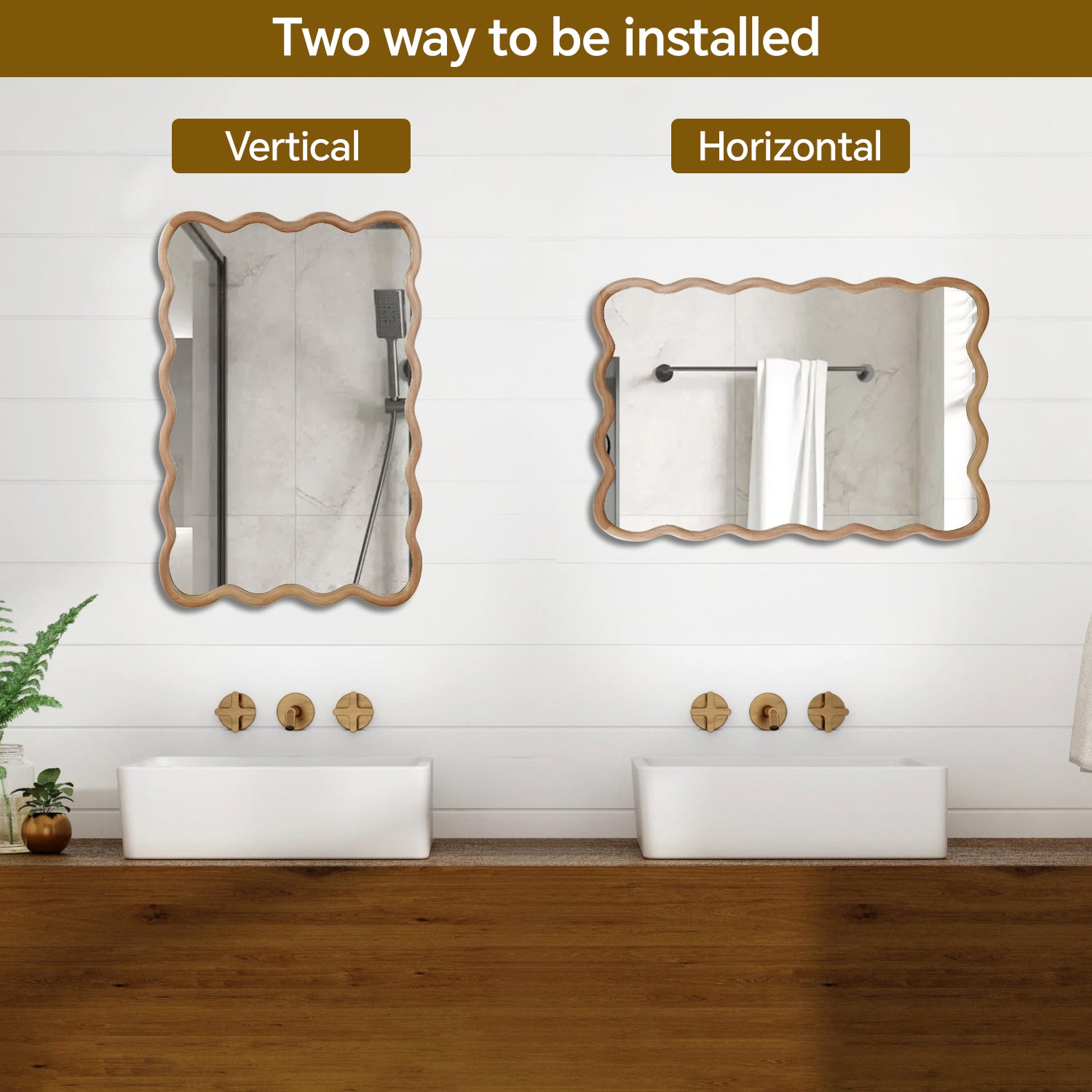 24 in. x 36 in. Wavy Rectangle Solid Wood Wall Mirror, Boho Decorative Tempered Glass Vanity Mirror for Bathroom, Bedroom & Entryway