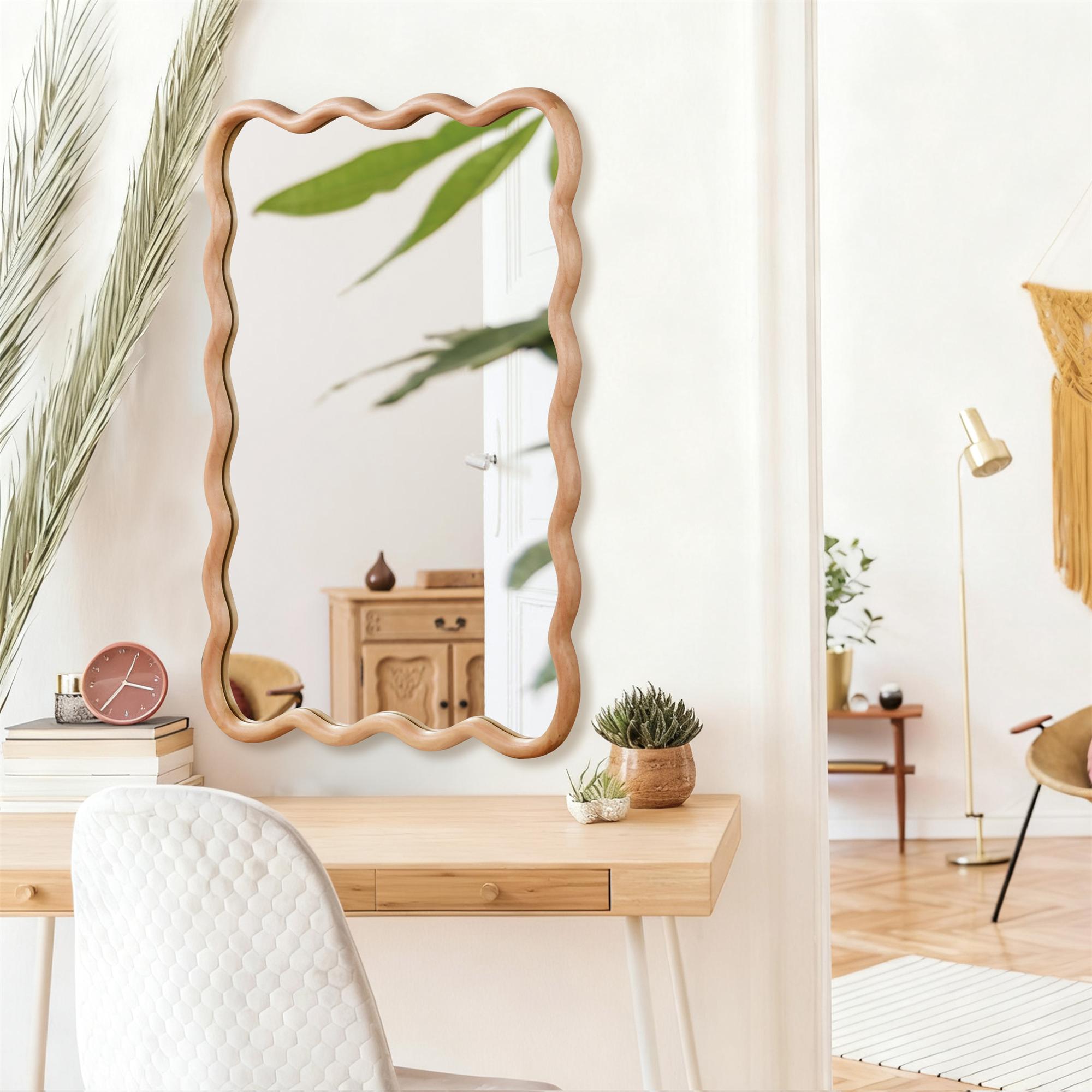 24 in. x 36 in. Wavy Rectangle Solid Wood Wall Mirror, Boho Decorative Tempered Glass Vanity Mirror for Bathroom, Bedroom & Entryway