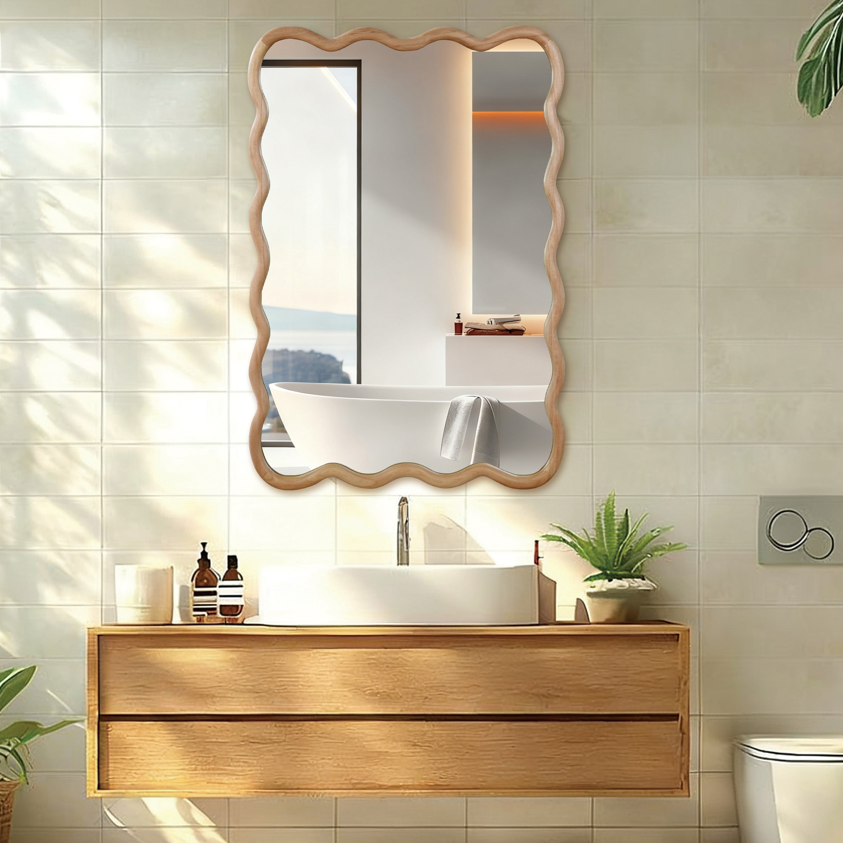24 in. x 36 in. Wavy Rectangle Solid Wood Wall Mirror, Boho Decorative Tempered Glass Vanity Mirror for Bathroom, Bedroom & Entryway